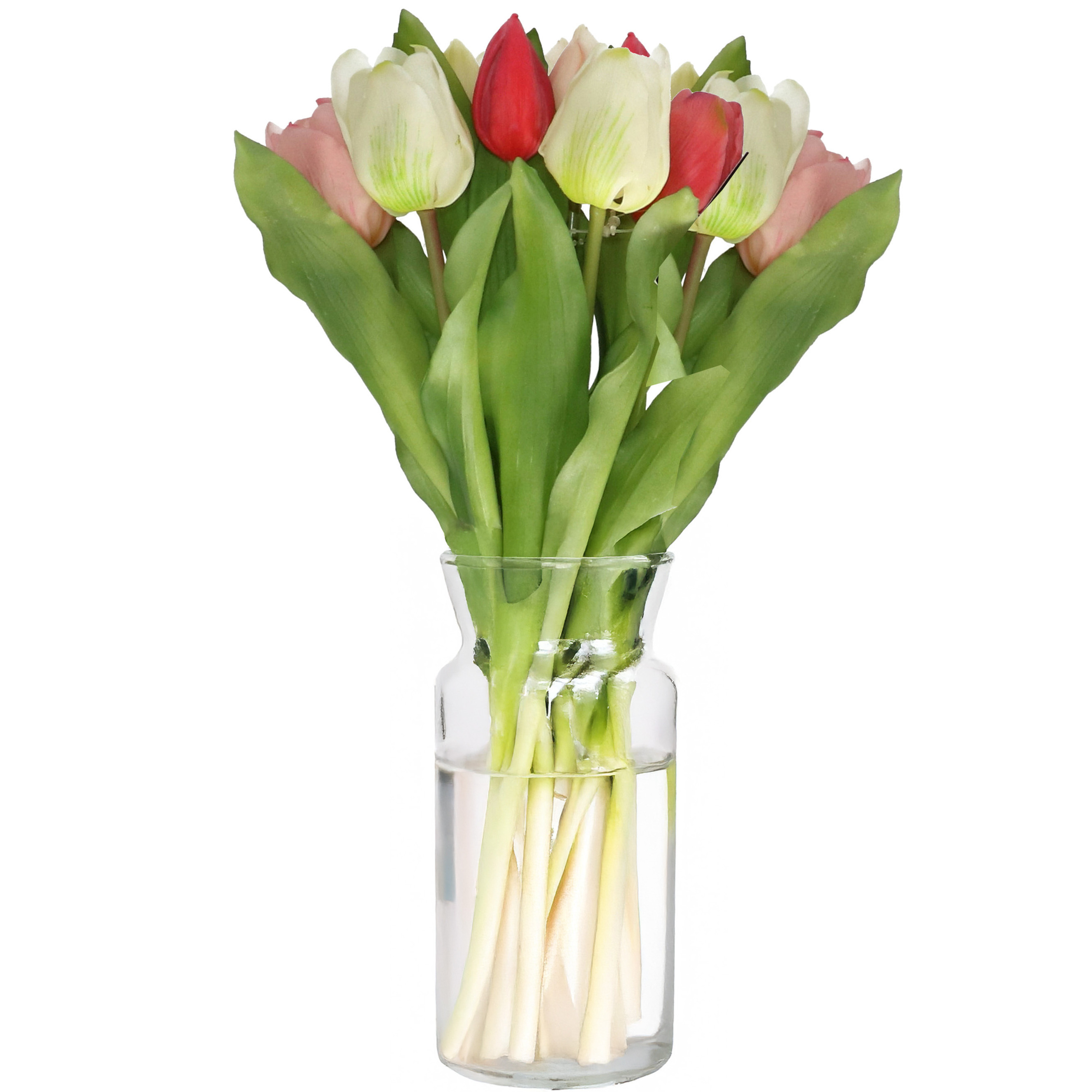 Bellatio Design Kunst tulpen boeket Vermeer - 7x stuks - roze/creme - real touch - 31 cm - kunst zijdebloemen -