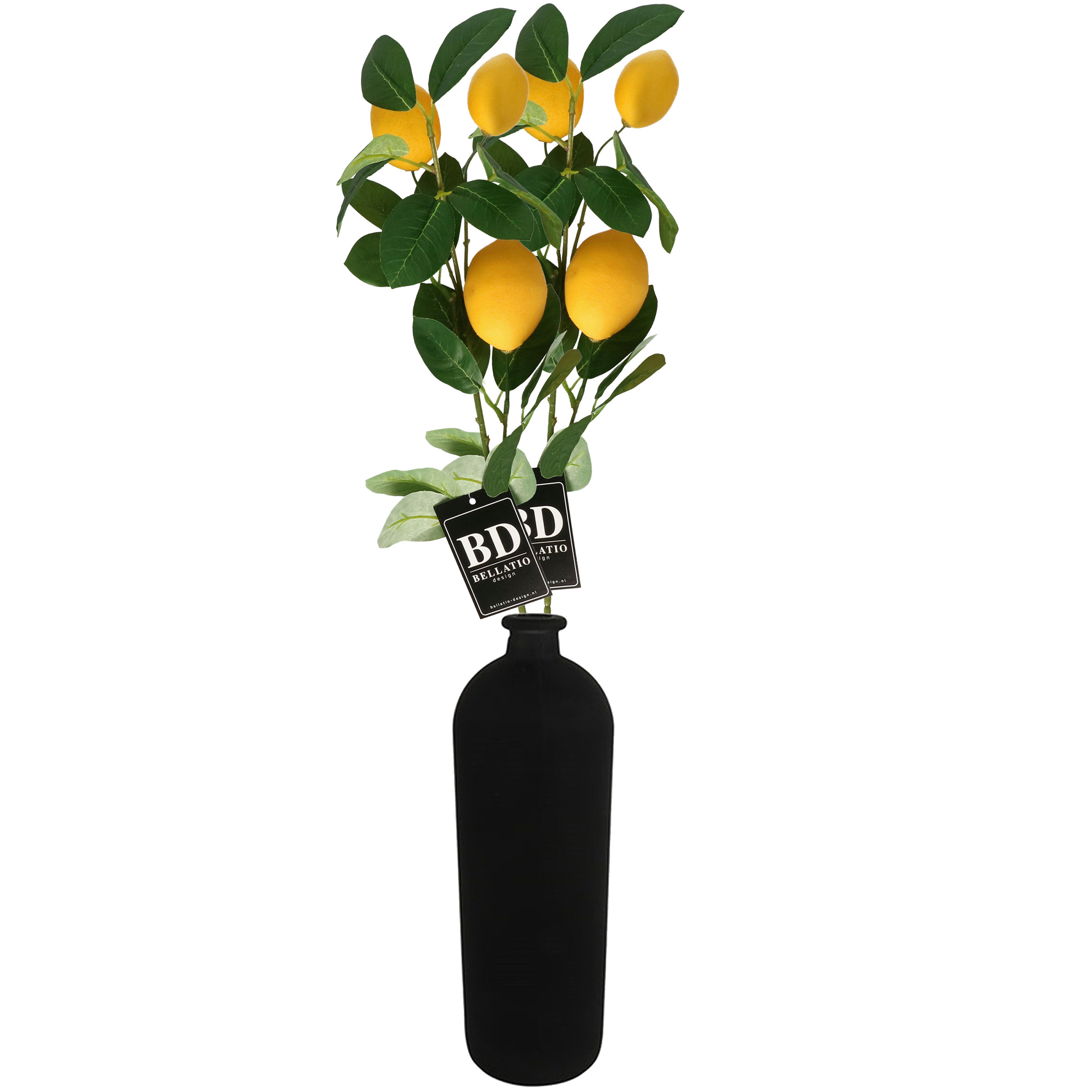 Bellatio Design Kunstbloem citrusfruit tak citroen - 5x - 74 cm - geel - losse steel - Kunst zijdebloemen -