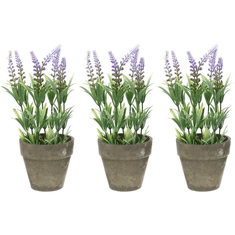 Bellatio flowers & plants Bellatio Lavendel kunstplant - 3x - lila - 25 cm - in betonlook potje - Kunstplanten - nepplanten -