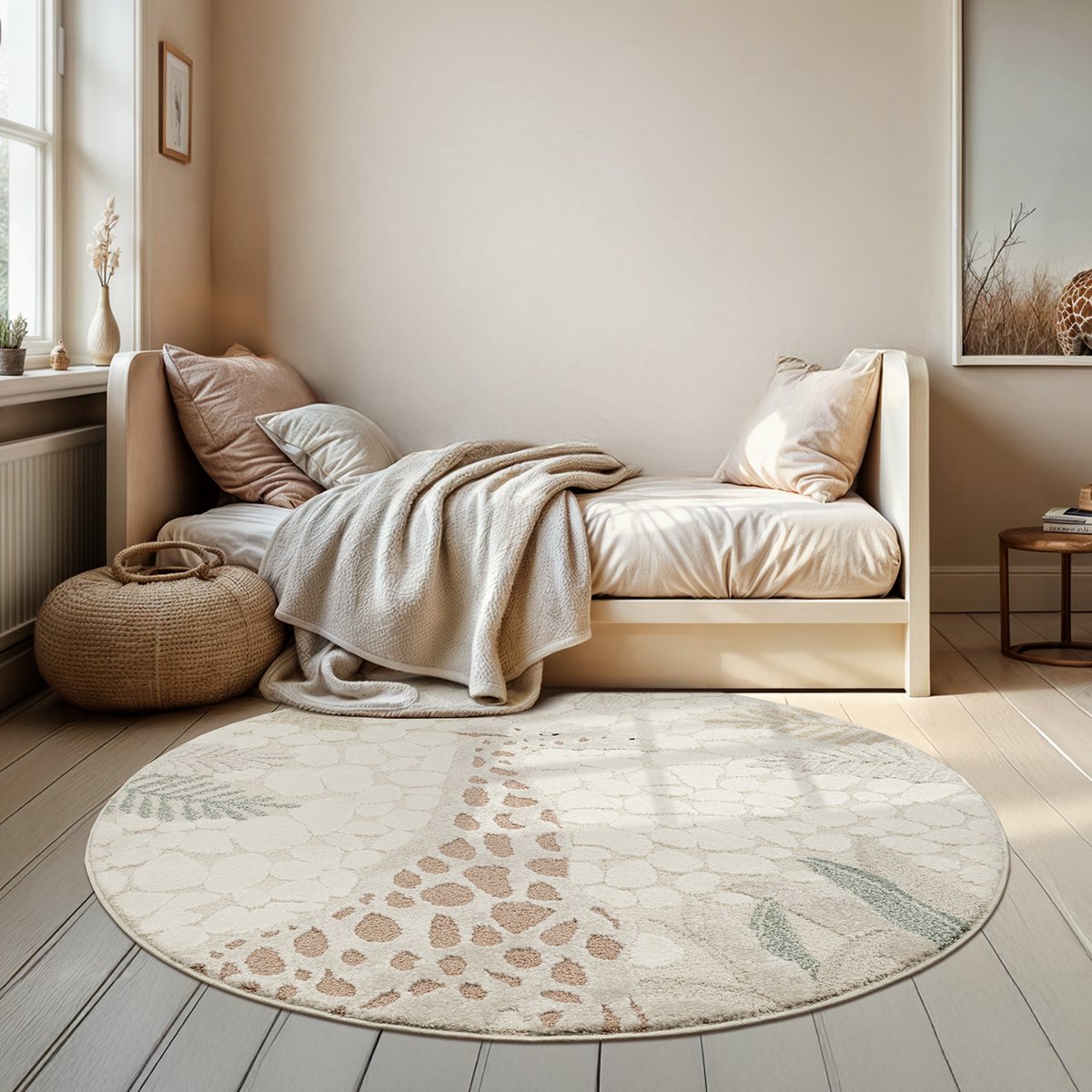 Merinos Kindervloerkleed Safari Giraf - Zacht Speelkleed in Neutrale Tinten-Ø 120 cm