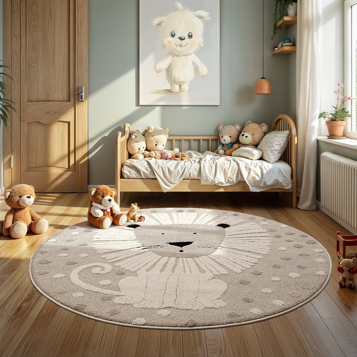 Merinos Kindervloerkleed Leeuw - Zacht Safari Speelkleed in Neutrale Tinten-Ø 120 cm
