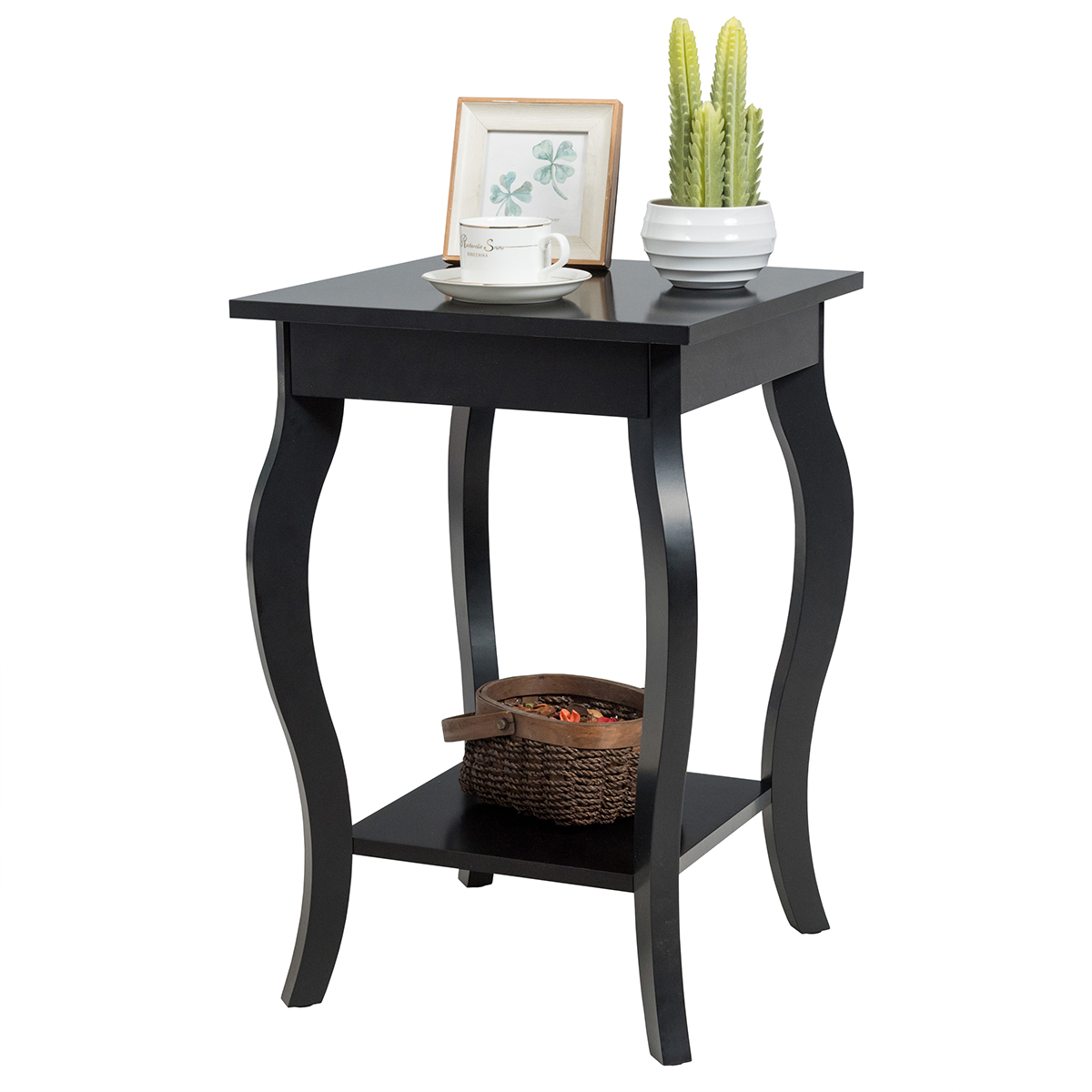 Costway Nachtkastje met Plank 2 Niveaus Bijzettafel van Hout met Gebogen Poten Laptoptafel Banktafel voor Woonkamer Slaapkamer Zwart