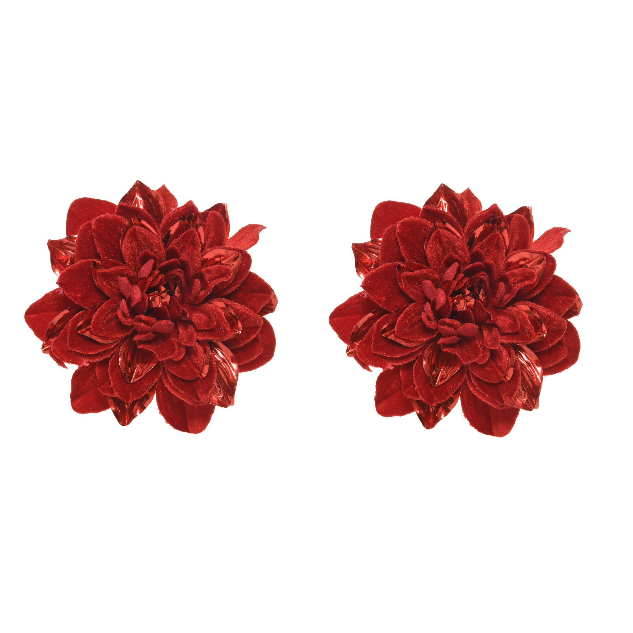 Merkloos Kerstboom bloem - 2x stuks - op clip - rood - 16 cm - kunststof - kerstversiering -