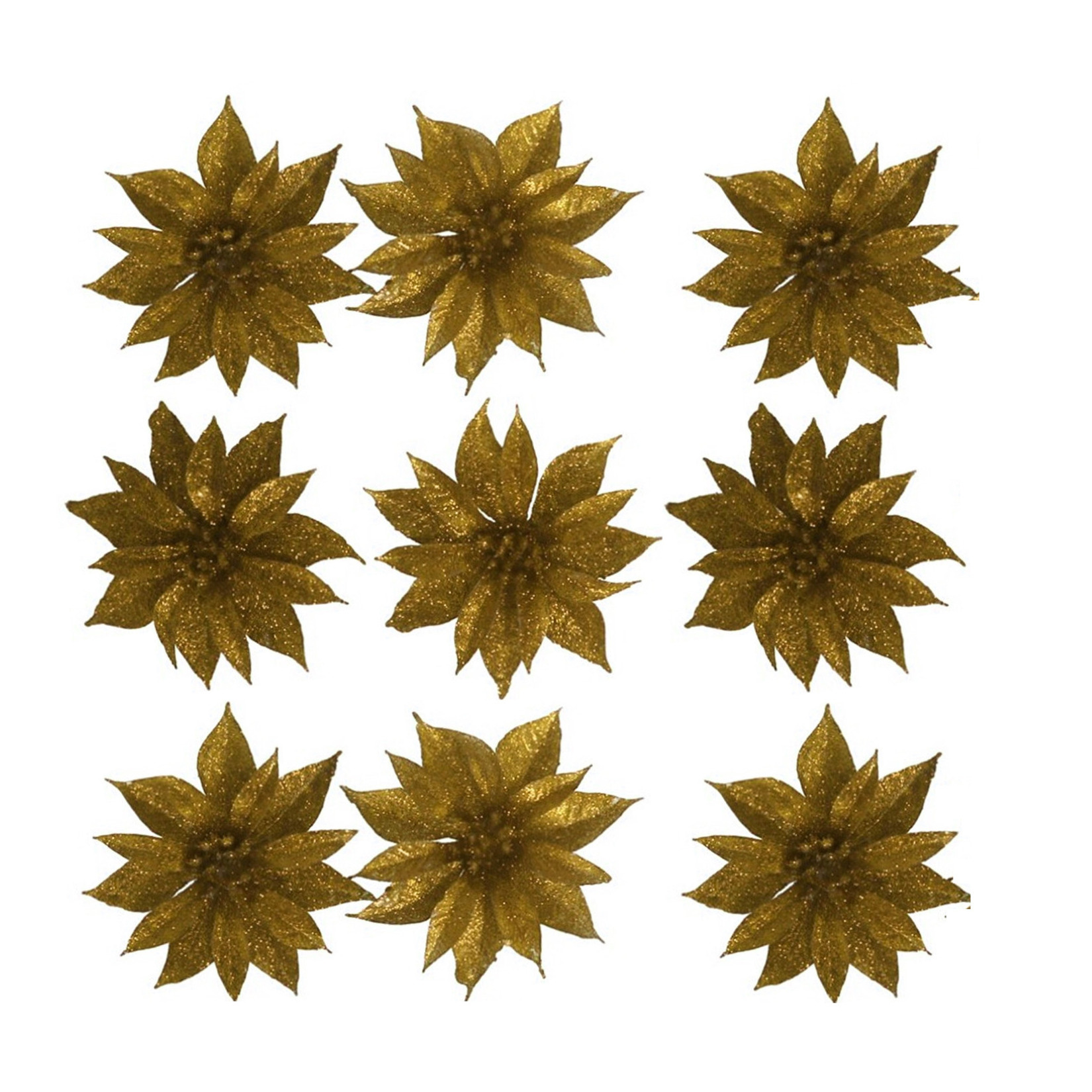 Gerimport Kerstboomversiering Bloemen - 12x stuks - 9 cm - goud glitter - op clip -