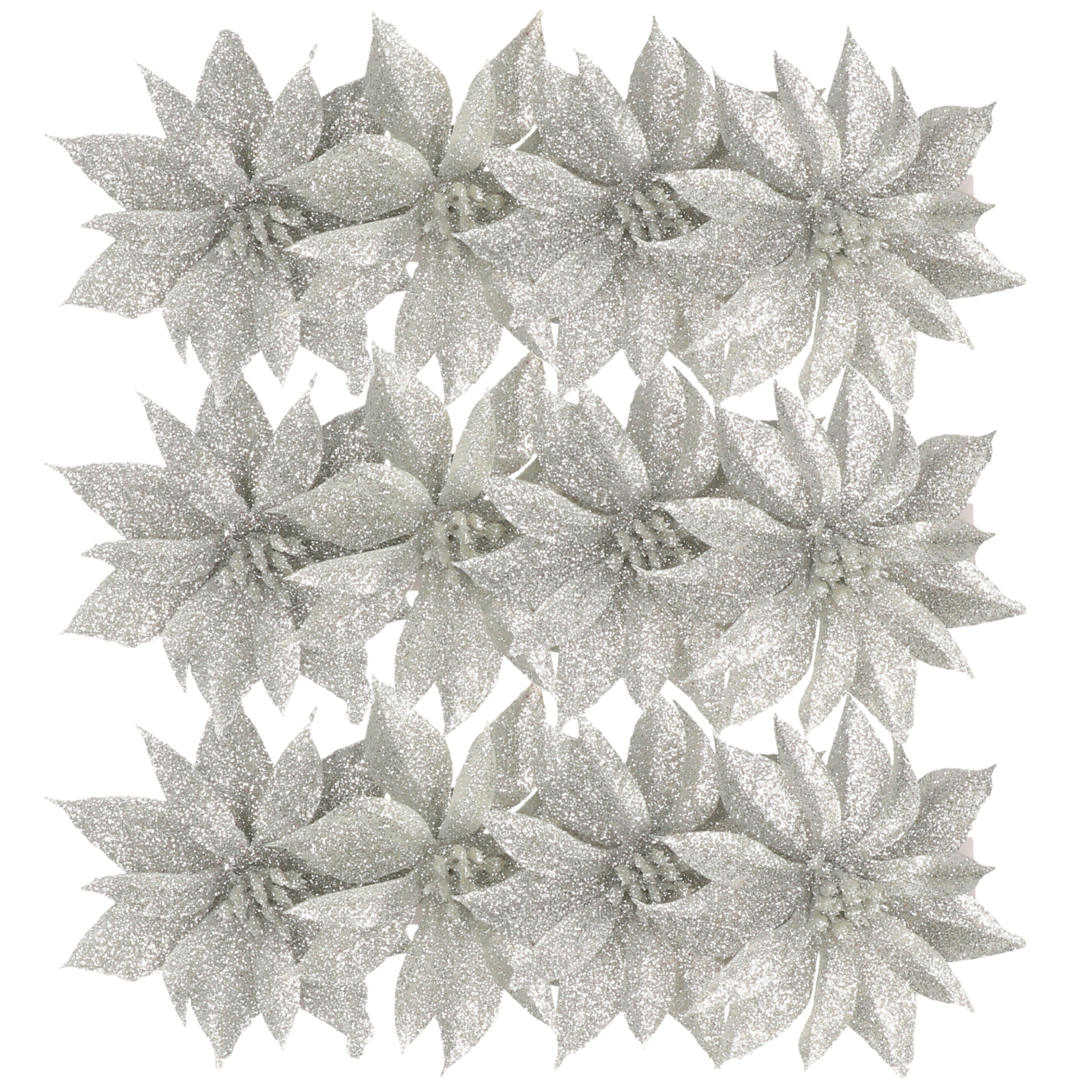 Gerimport Kerstboomversiering Bloemen - 12x stuks - 9 cm - zilver glitter - op clip -
