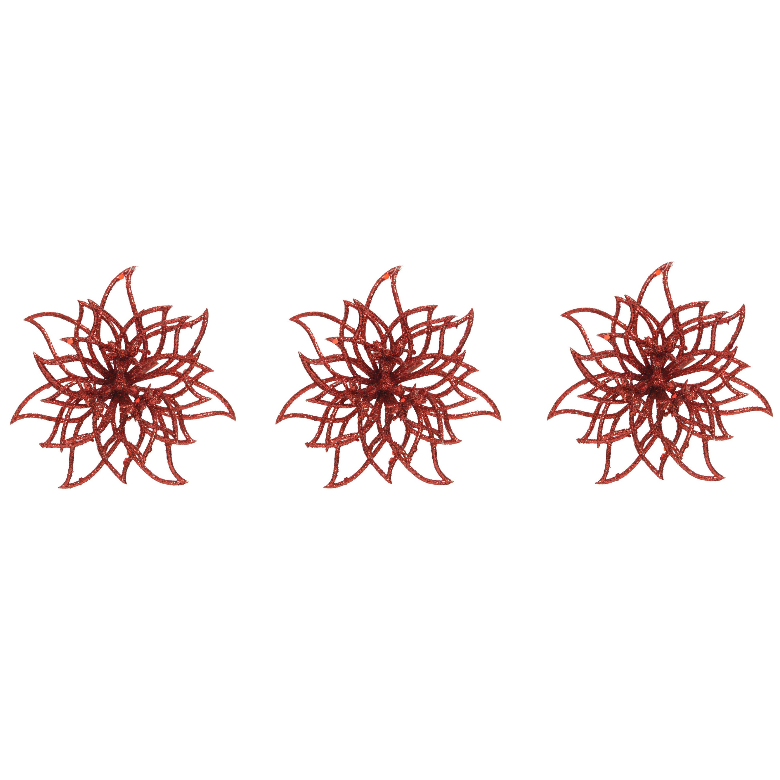 Merkloos Kerstboom decoratie bloemen - 6x stuks - kerstster - rood glitters - op clip - 14 cm - kerstversieri -