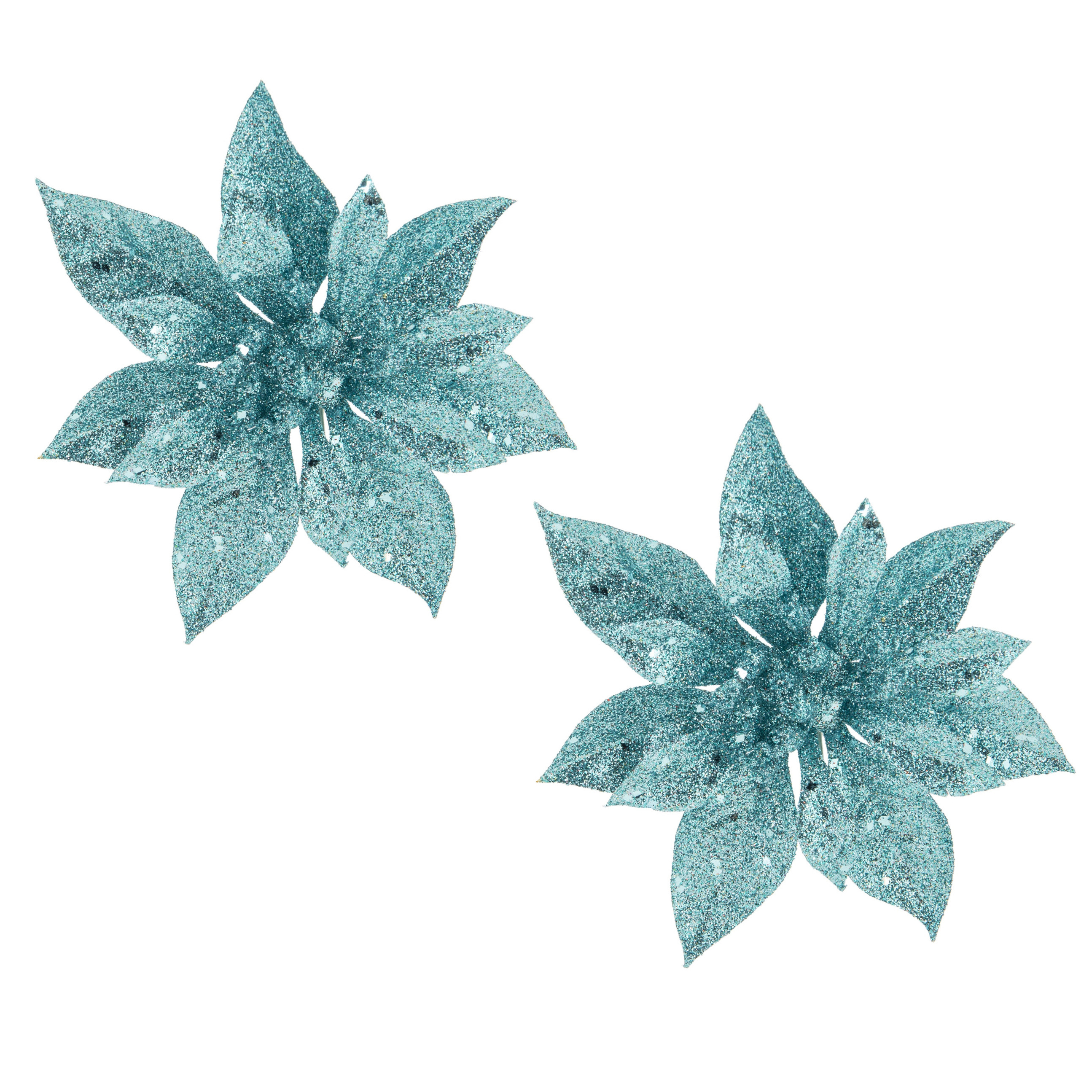 Cosy & Trendy Decoratie bloem - 2x stuks - kerstster - op clip - blauw - glitter -15 cm - kunststof - kerstversier -