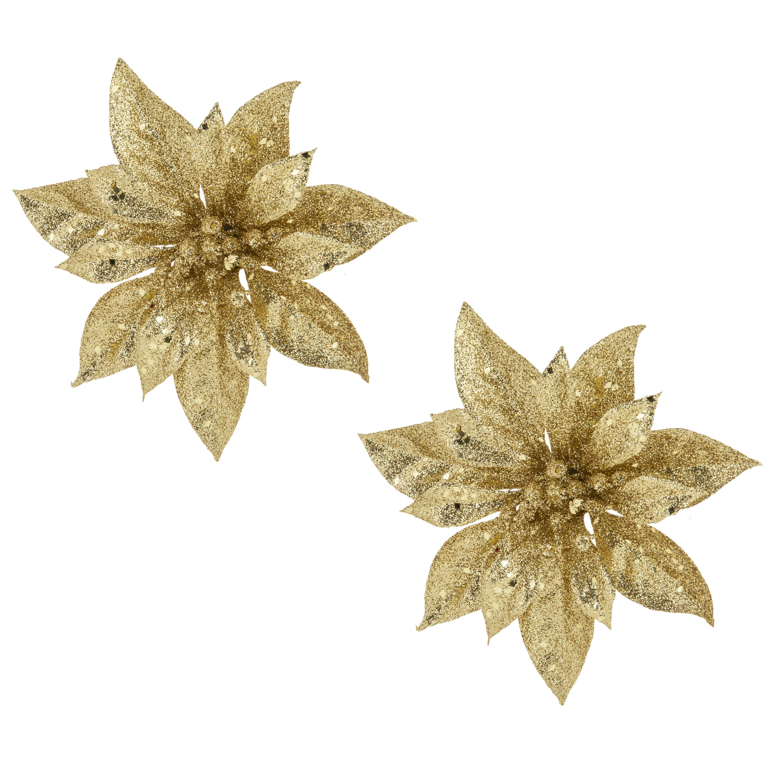 Cosy & Trendy Decoratie bloem - 2x stuks - kerstster - op clip - goud - glitter -15 cm - kunststof - kerstversieri -