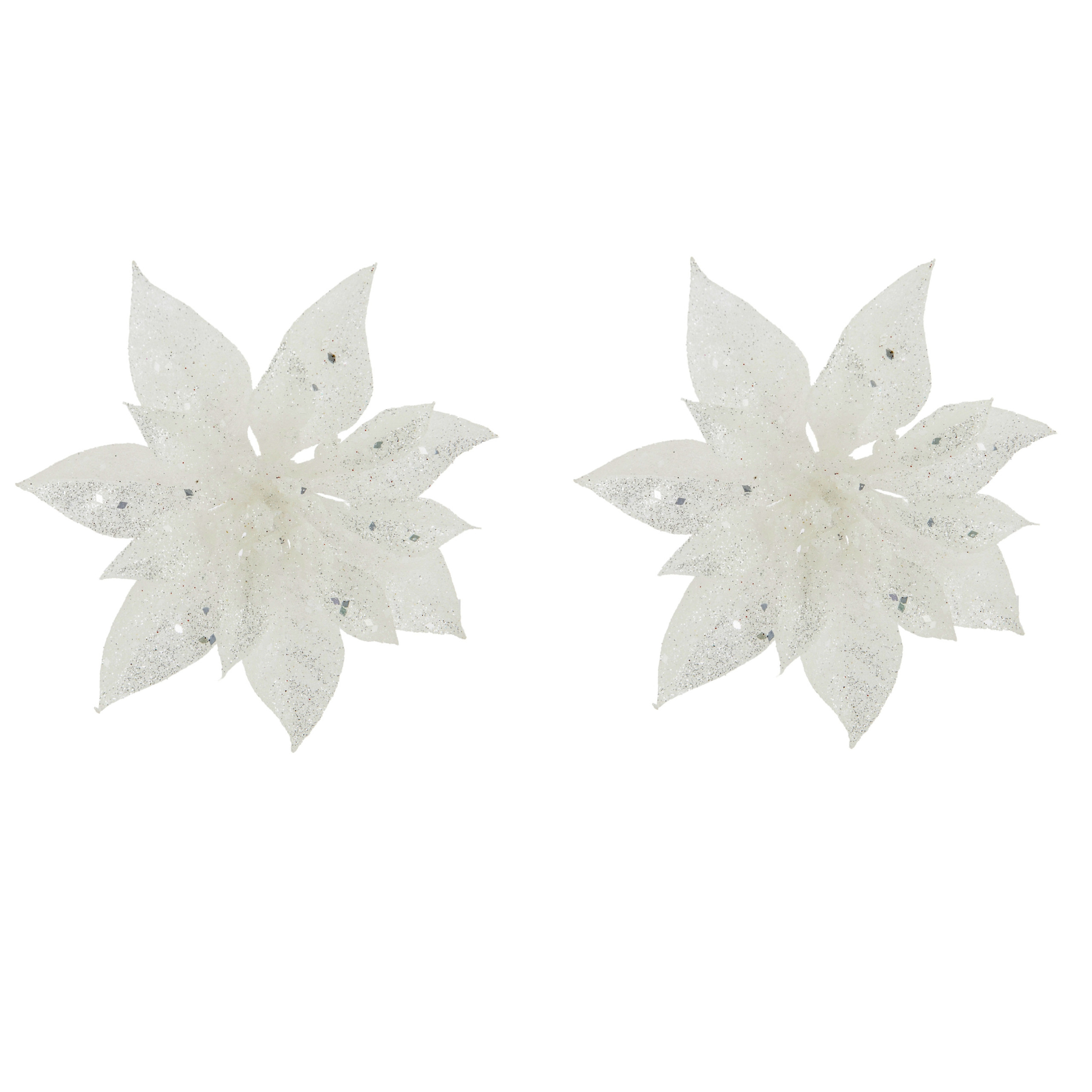 Cosy & Trendy Decoratie bloem - 2x stuks - kerstster - op clip - wit - glitter -15 cm - kunststof - kerstversierin -