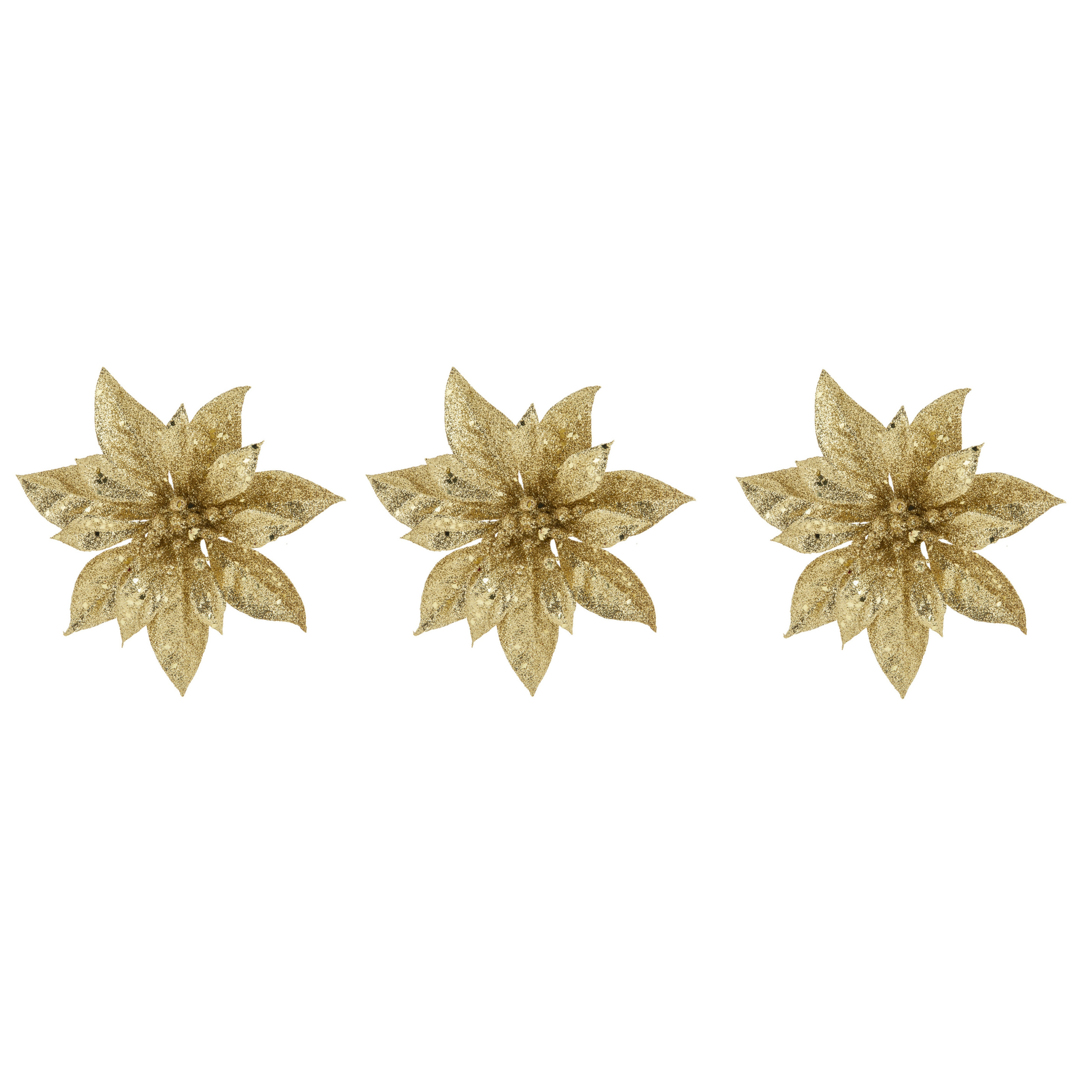 Cosy & Trendy Decoratie bloem - 4x stuks - kerstster - op clip - goud - glitter -15 cm - kunststof - kerstversieri -