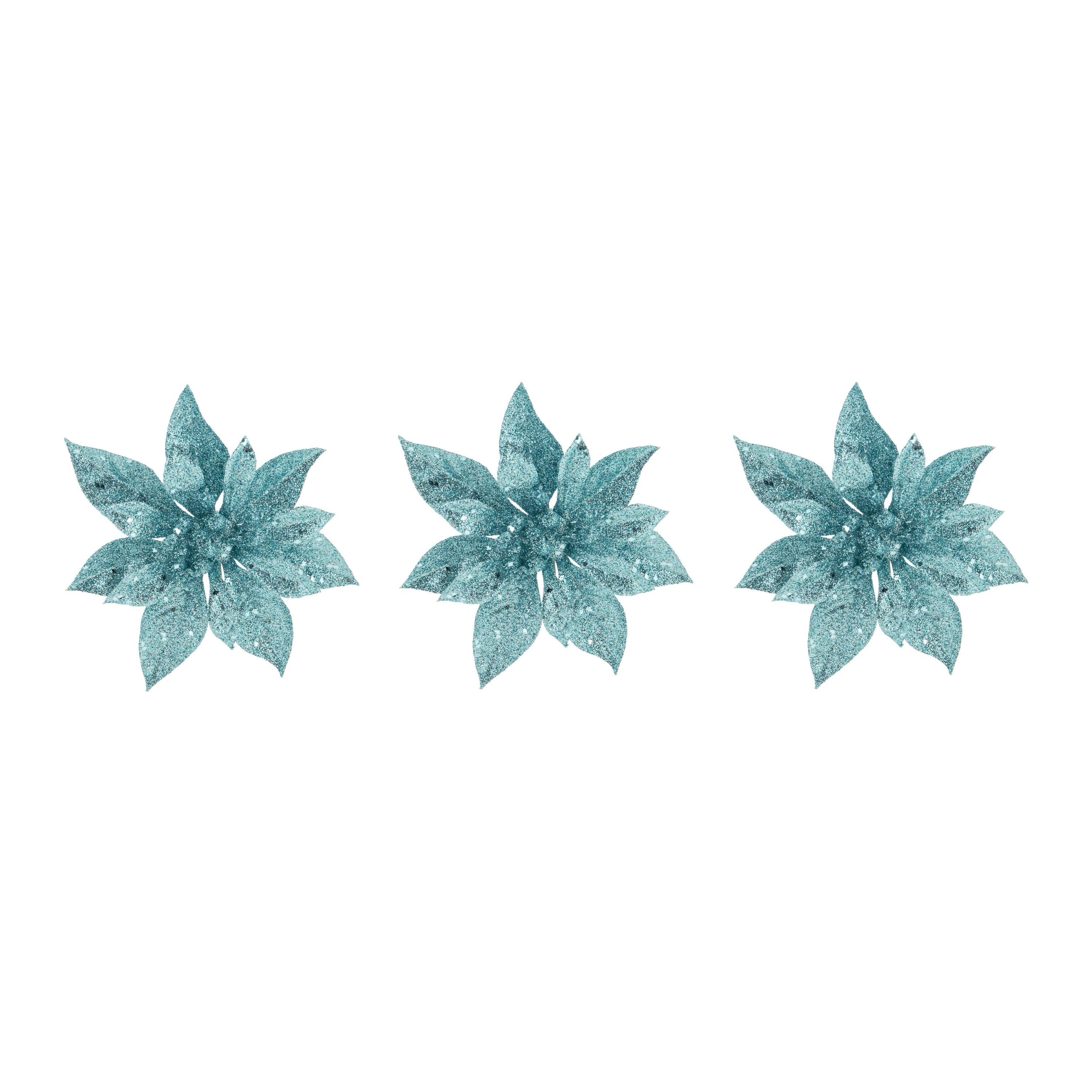 Cosy & Trendy Decoratie bloem - 8x stuks - kerstster - op clip - blauw - glitter -15 cm - kunststof - kerstversier -