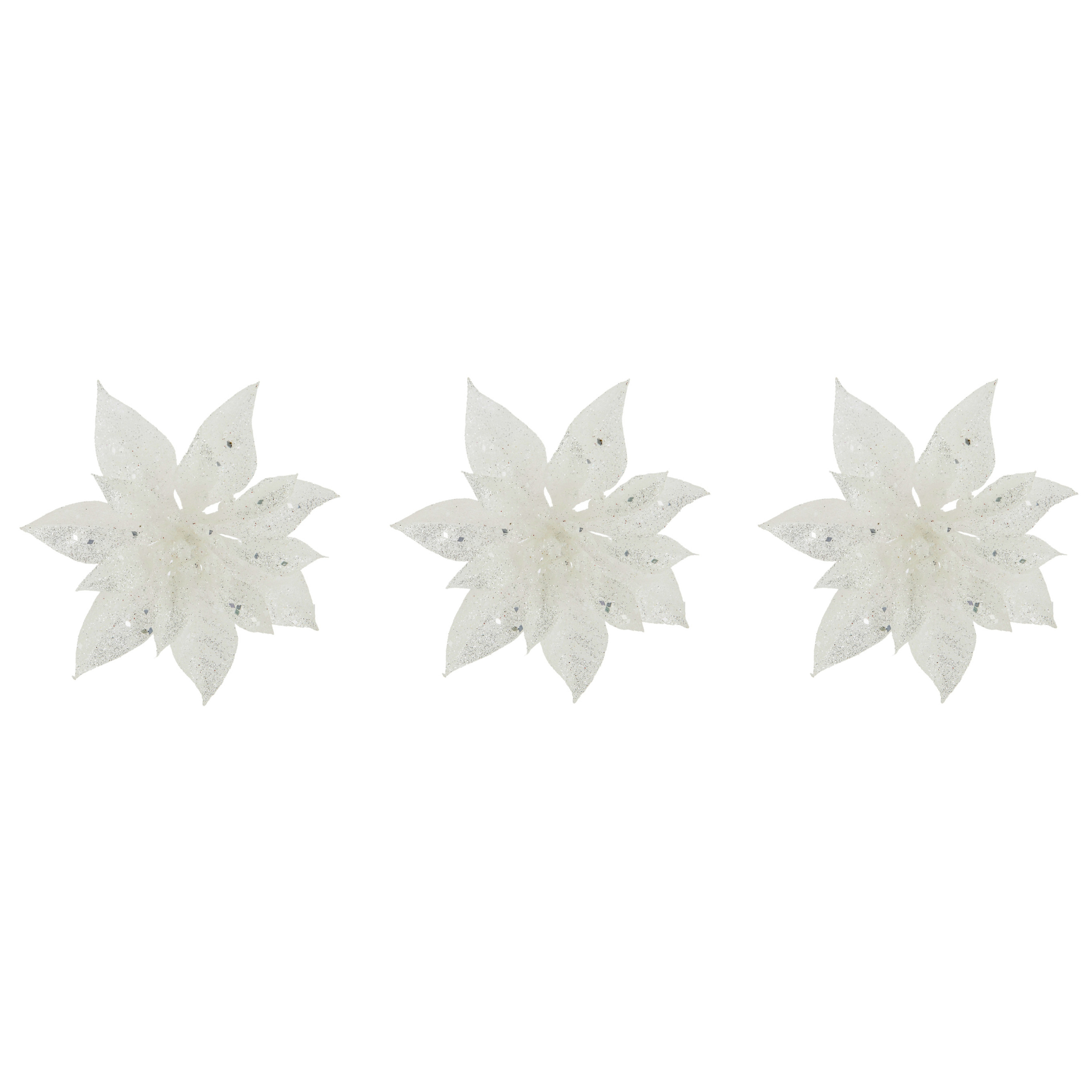 Cosy & Trendy Decoratie bloem - 8x stuks - kerstster - op clip - wit - glitter -15 cm - kunststof - kerstversierin -