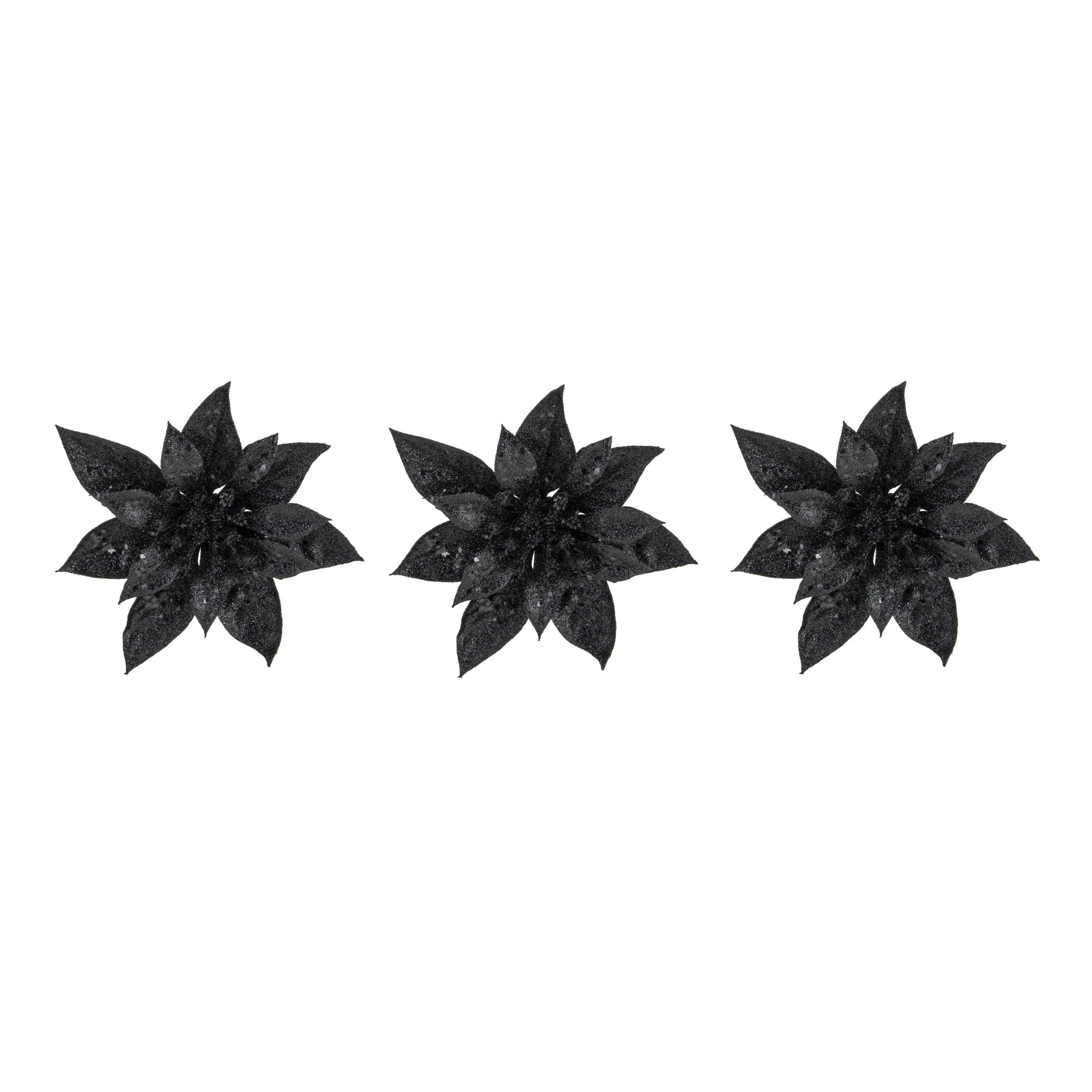 Cosy & Trendy Decoratie bloem - 8x stuks - kerstster - op clip - zwart - glitter -15 cm - kunststof - kerstversier -