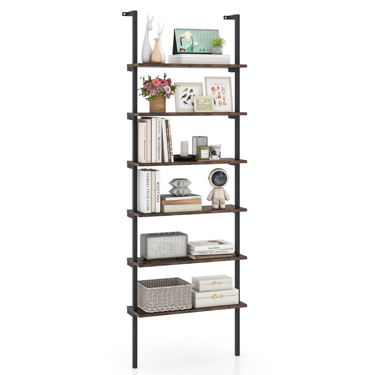 Costway 6-Tier Ladder Plank Muur Plank met Metalen Frame Industriële Stijl Open Plank voor Kantoor Woonkamer Slaapkamer Keuken Garderobe