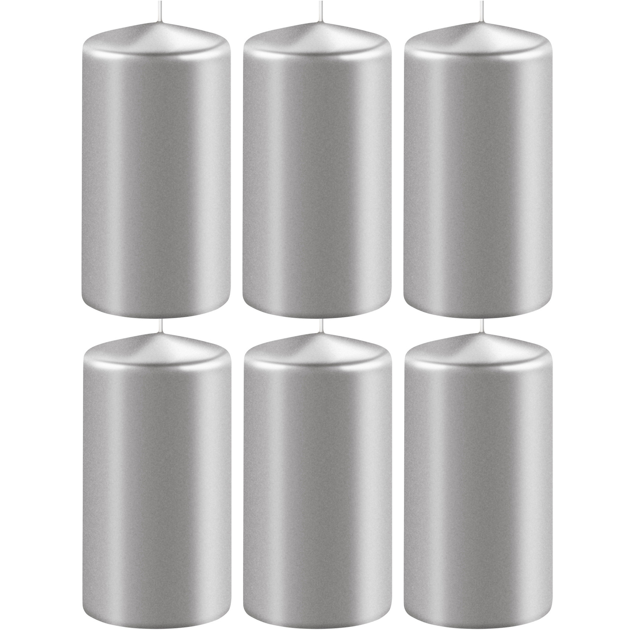 Enlightening Candles Cilinder stompkaars - 8x - zilver - D6 x H15 cm - branduur -