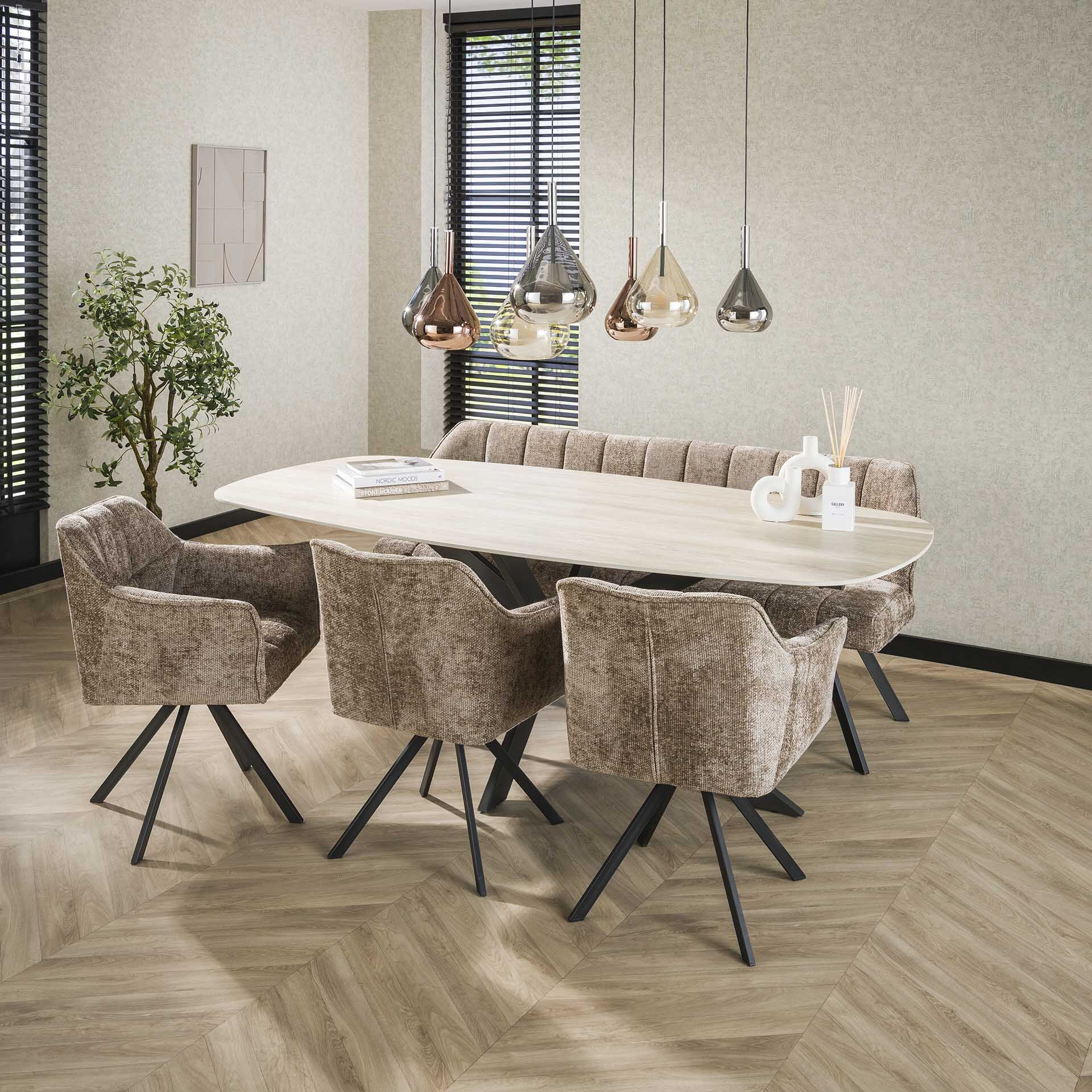 LifestyleFurn Deens Ovale Eettafel Laycie Keramiek in Travertinlook, 215 x 105cm - Ceramic 3D travertine - Ovaal