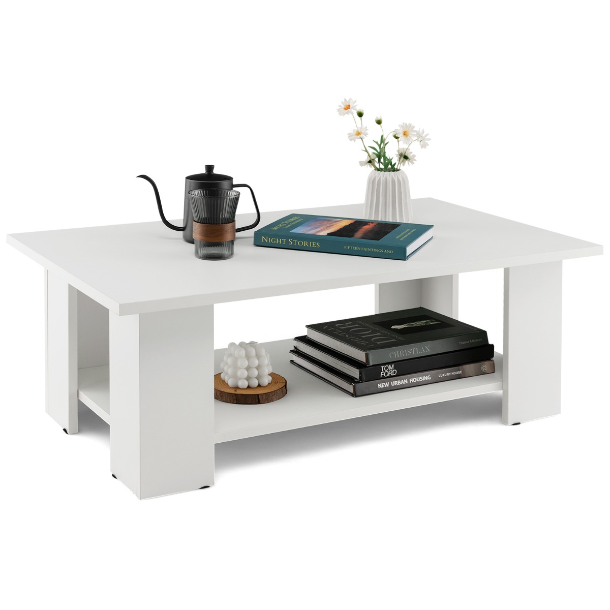 Costway Houten Salontafel met Open Opbergplank Rechthoekige Bijzettafel voor Woonkamer Slaapkamer Kantoor Moderne Stijl