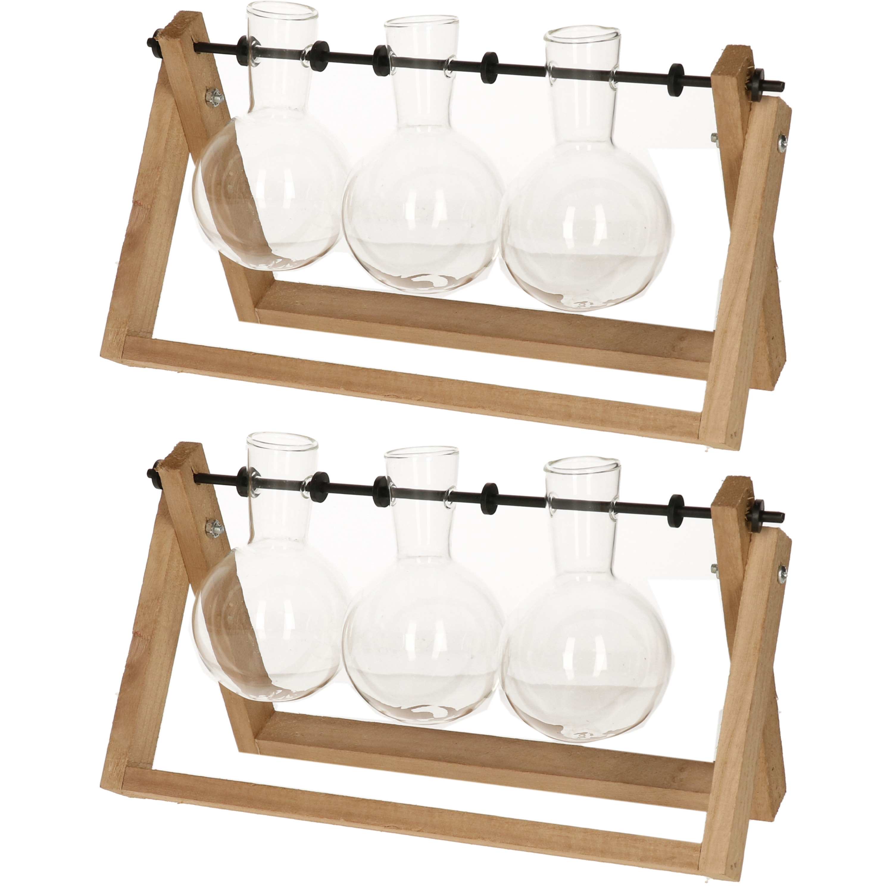Esschert Design Stekvaasjes in houder - 2x stuks - hout - met 3 glazen vaasjes - 26 x 7 x 15 cm - stekstation -