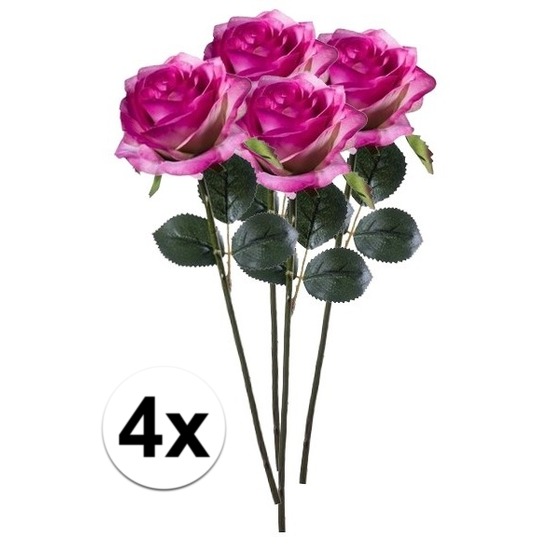 Bellatio flowers & plants Emerald Kunstbloemen roos - 4x - rozen - Simone - fuchsia - 45 cm - decoratie bloemen -