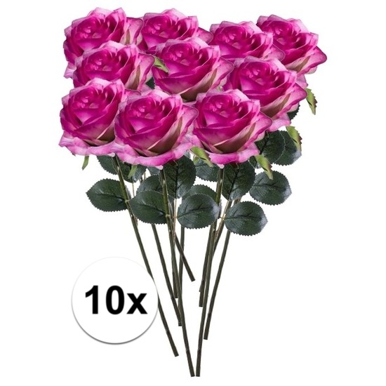 Bellatio flowers & plants Emerald Kunstbloemen roos - 10x - rozen - Simone - fuchsia - 45 cm - decoratie bloemen -