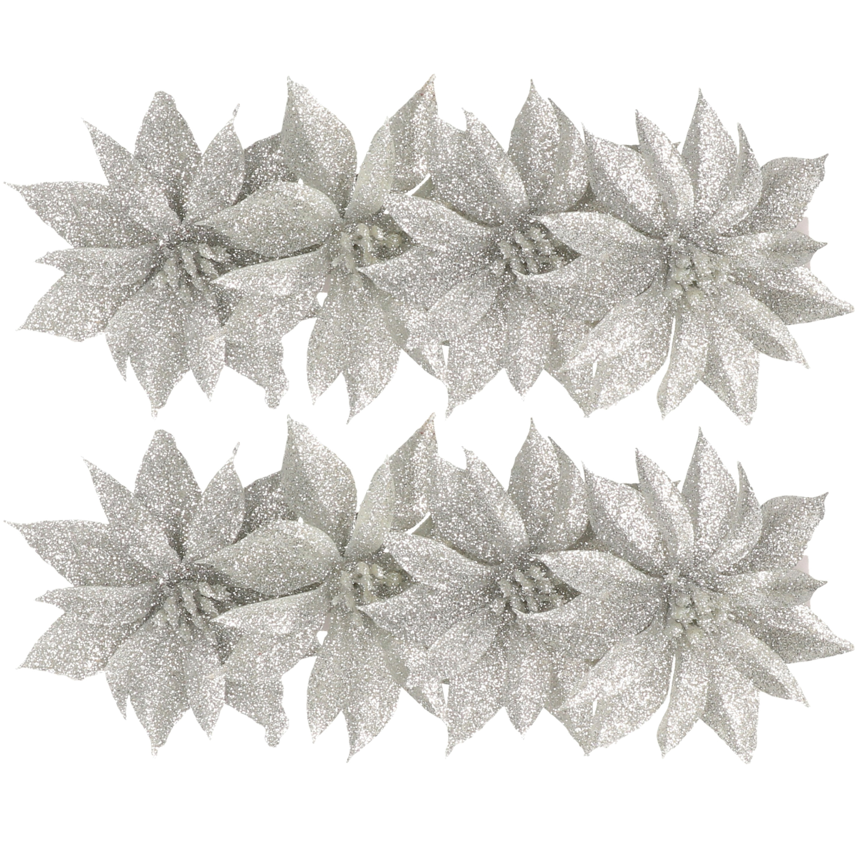 Gerimport Kerstboomversiering Bloemen - 8x stuks - 9 cm - zilver glitter - op clip -