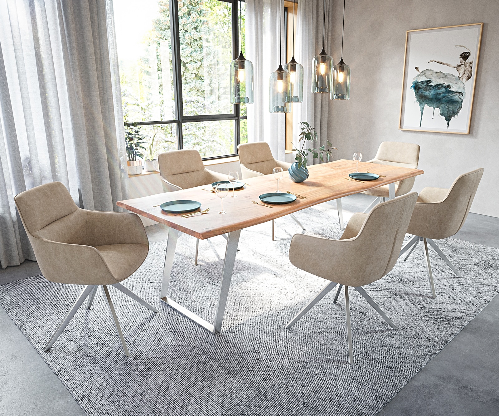 DELIFE Esstisch Edge 260x100cm Akazie Natur Edelstahl Silber schräg Live-Edge