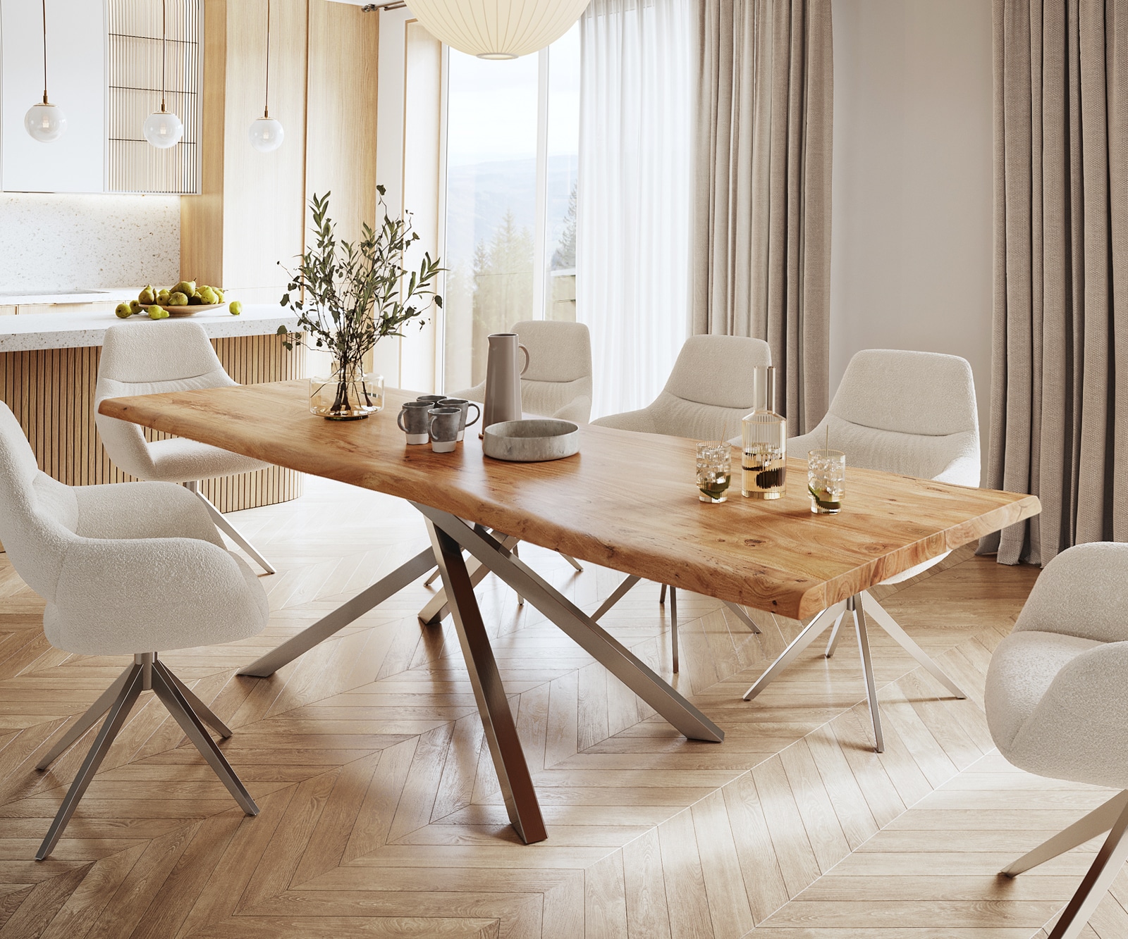 DELIFE Esstisch Edge 280x100 XL Akazie Natur Kreuzgestell Rechteck Edelstahl Live-Edge