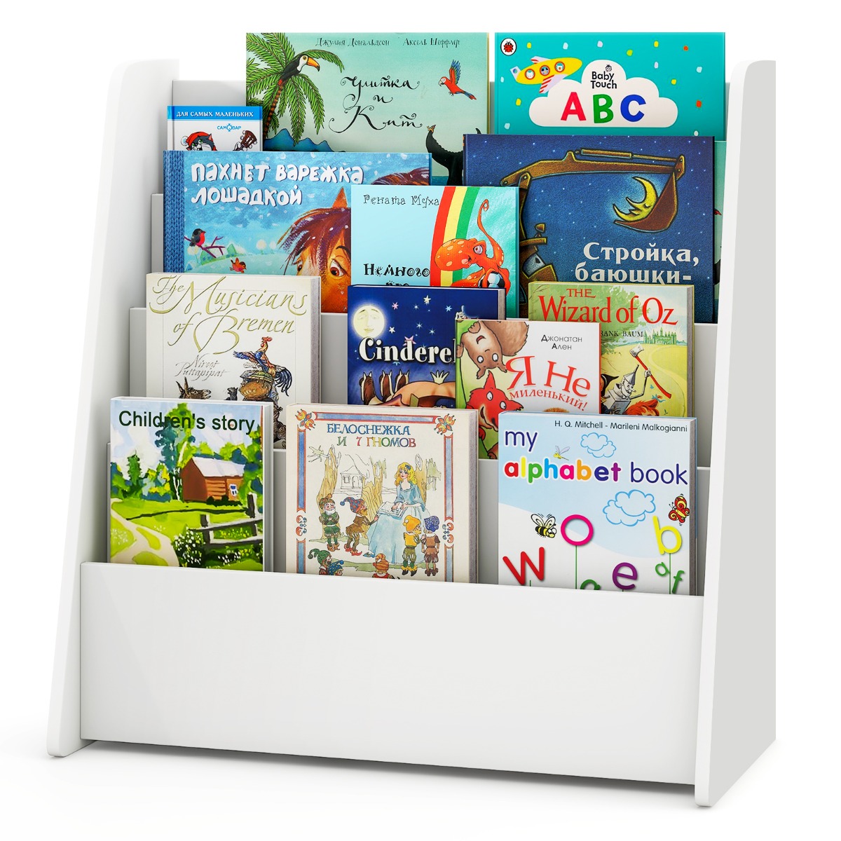 Costway Kinderboekenrek met 4 Opbergvakken Kinderrek Tijdschriftenhouder Boekenstandaard Wit