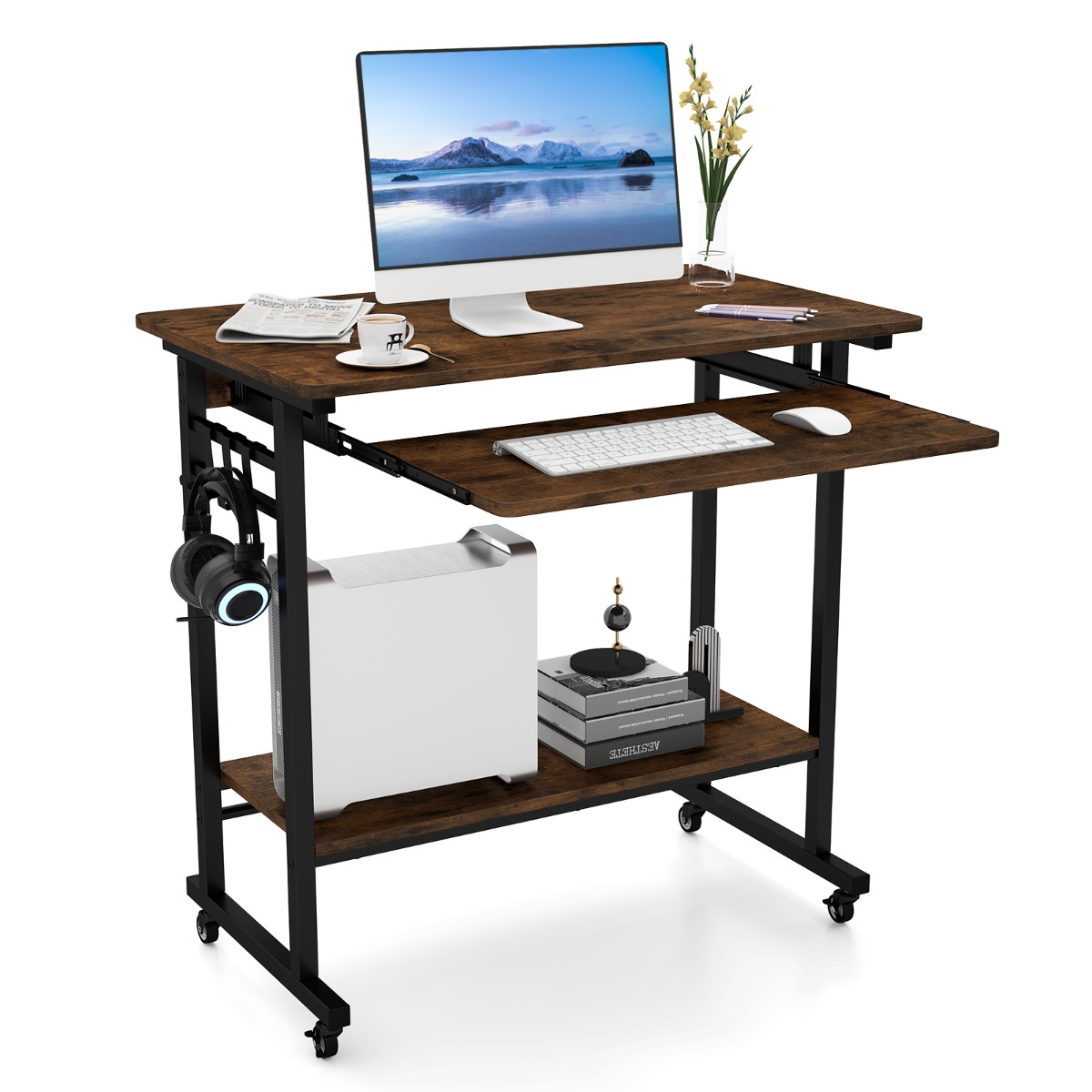 Costway Bureau met Wieltjes Toetsenbordplank Ruimtebesparende Computertafel PC-Tafel met Legplank Onder en Haken Industriële Laptoptafel Bruin