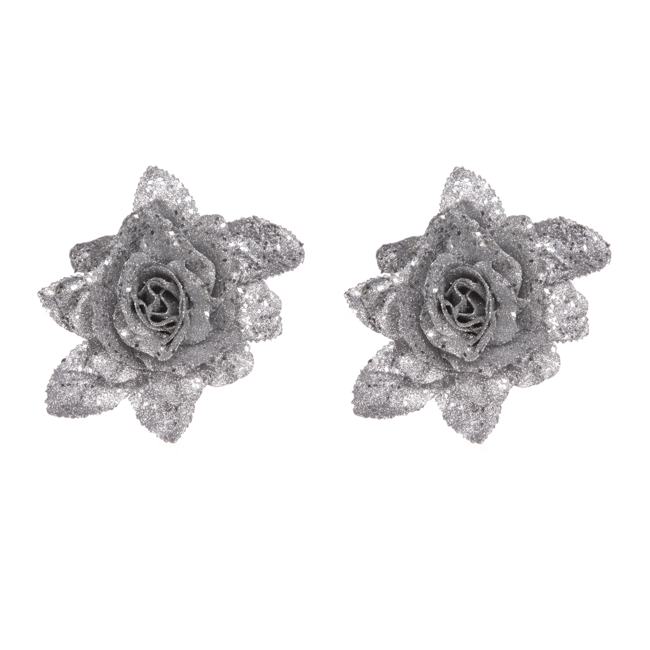 Cosy & Trendy Kerstboomversiering Bloemen - 2x - 10 cm - zilver glitter - op clip - ornament - roos -