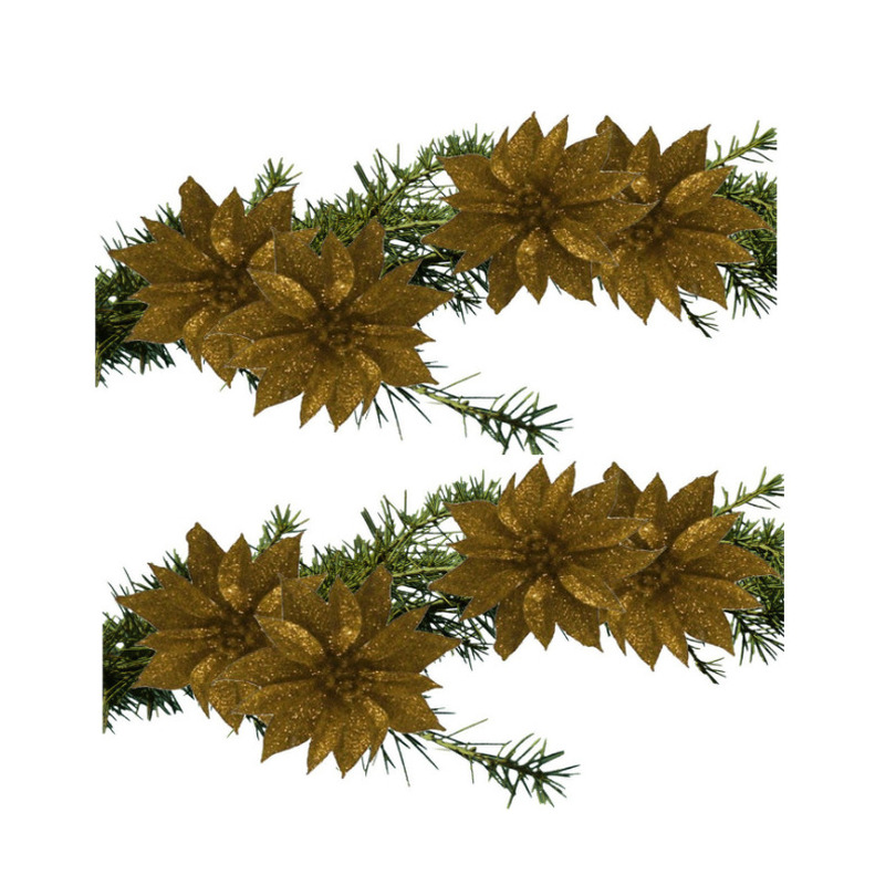 Gerimport Kerstboomversiering Bloemen - 8x stuks - 9 cm - goud glitter - op clip -