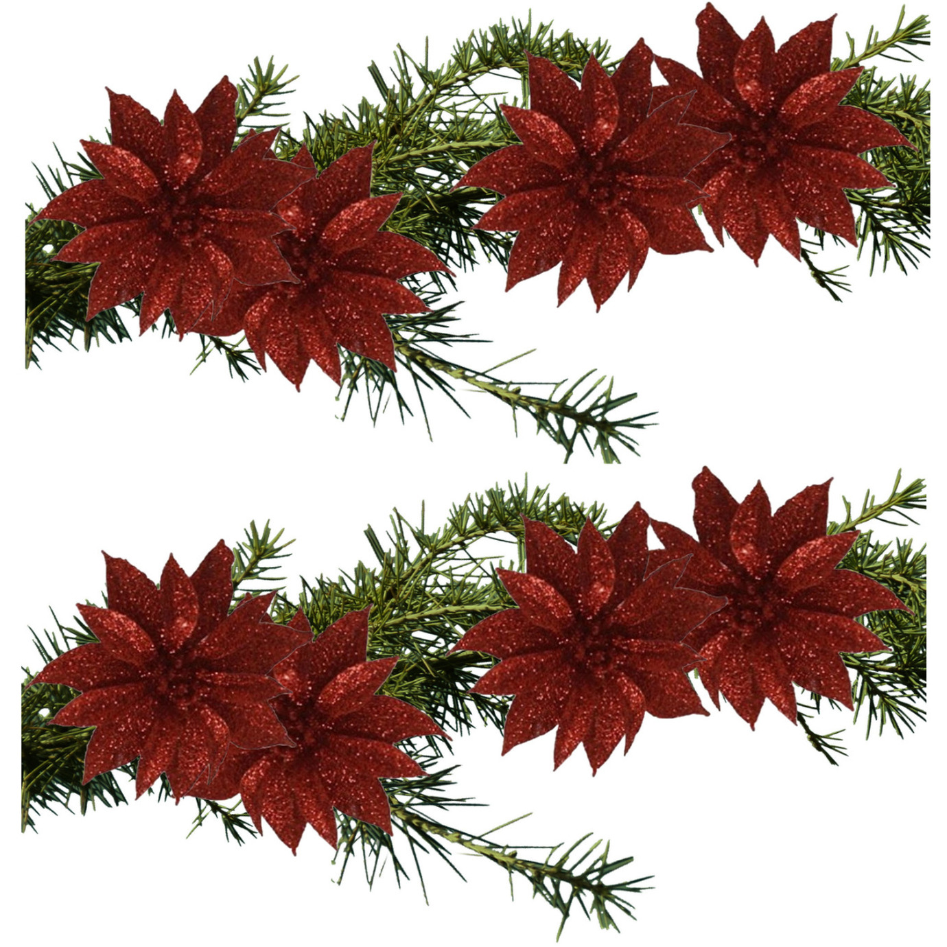 Gerimport Kerstboomversiering Bloemen - 8x stuks - 9 cm - rood glitter - op clip -