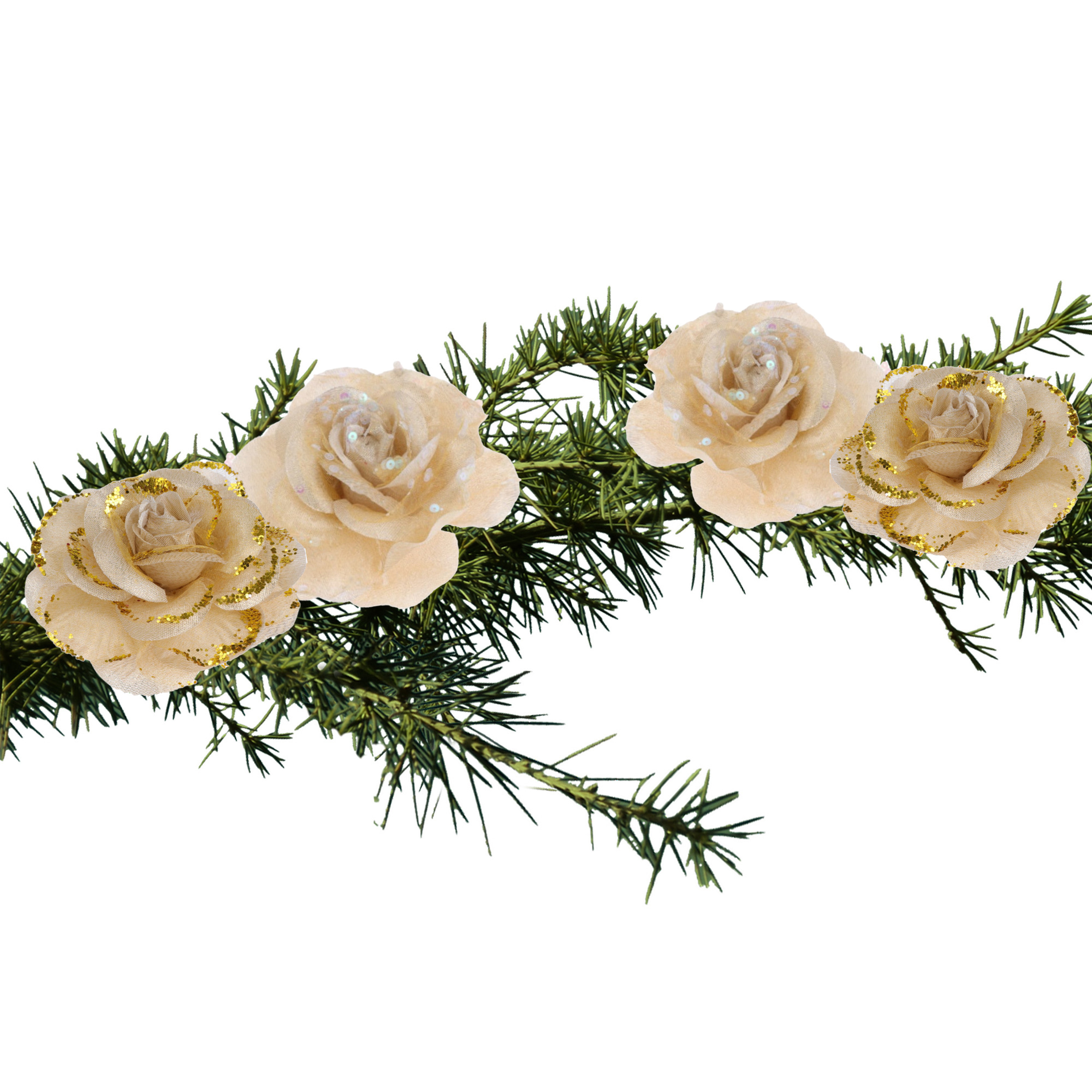 Merkloos Kerstboomversiering Bloemen - 4x stuks - 9 cm - goud glitter - op clip - ornament -