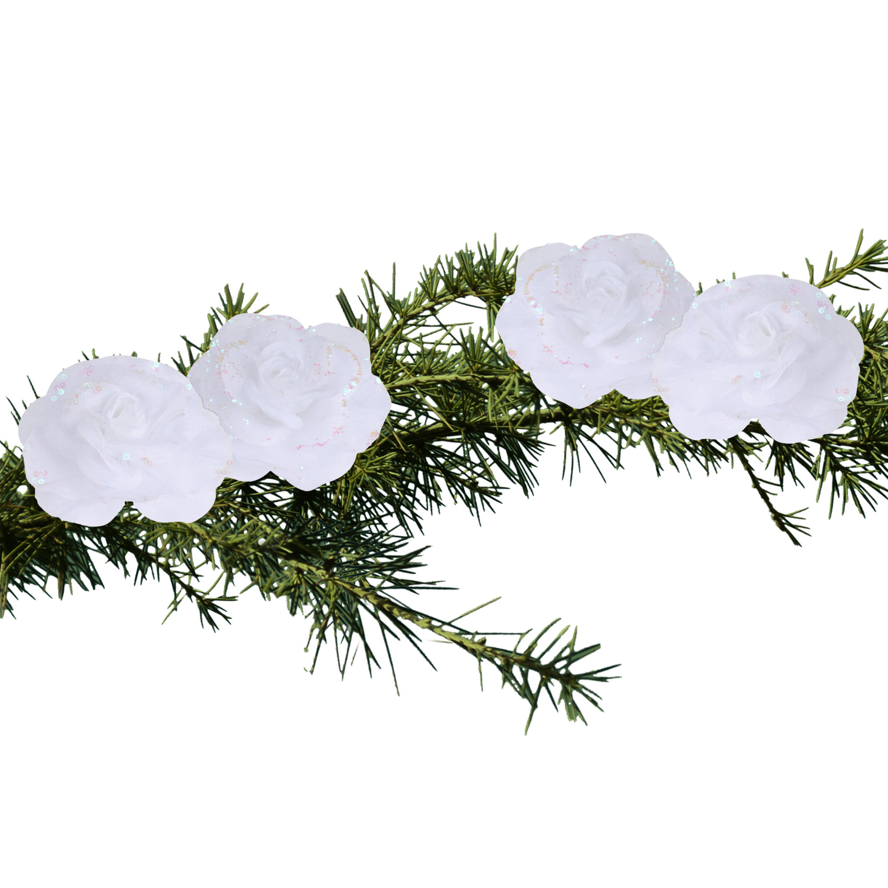 Merkloos Kerstboomversiering Bloemen - 4x stuks - 9 cm - wit glitter - op clip - ornament -