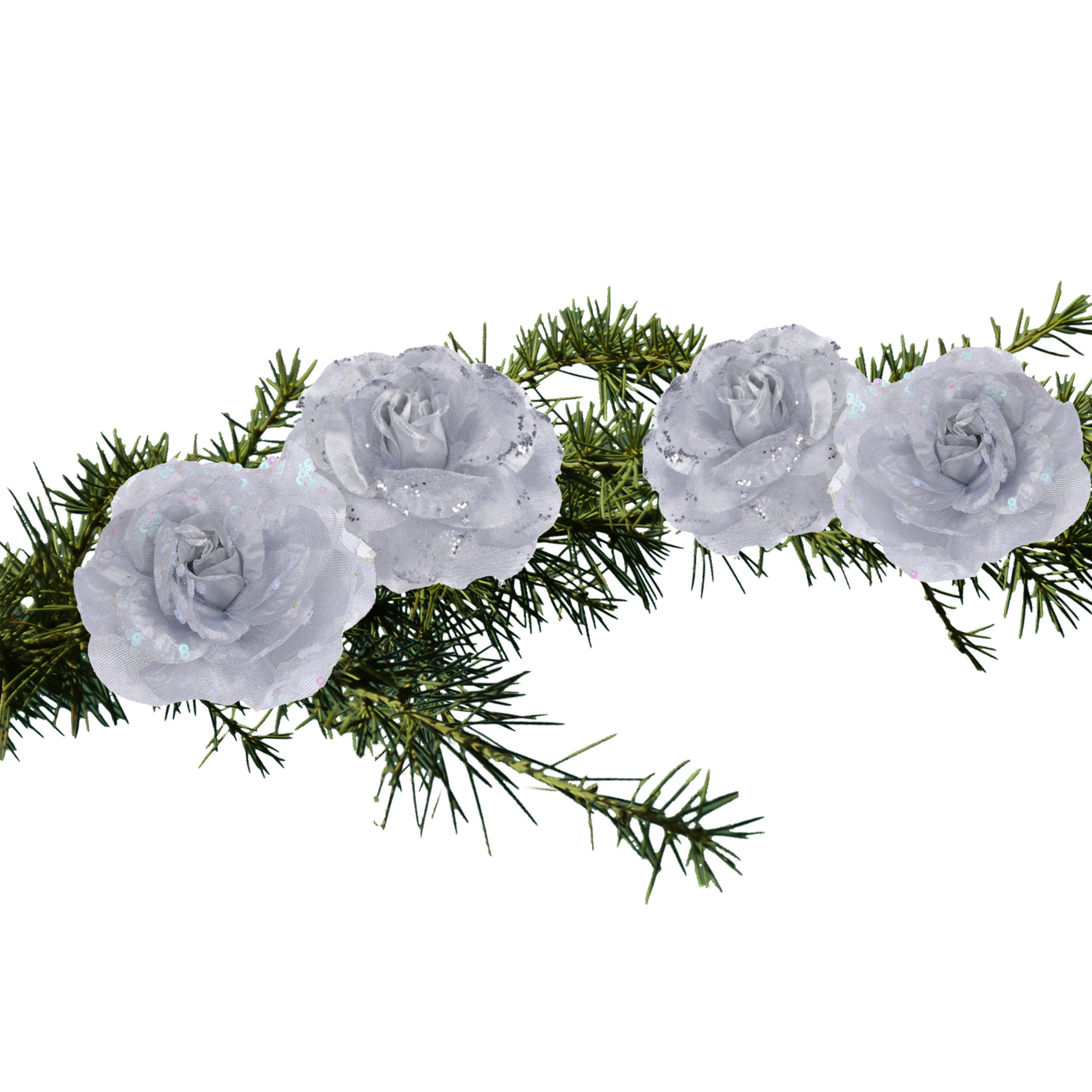 Merkloos Kerstboomversiering Bloemen - 4x stuks - 9 cm - zilver glitter - op clip - ornament -