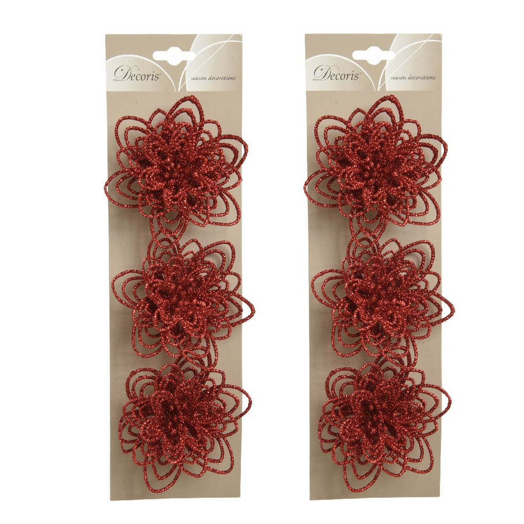 Merkloos Kerstboomversiering Bloemen - 6x stuks - 11 cm - rood glitter - op clip - ornament -