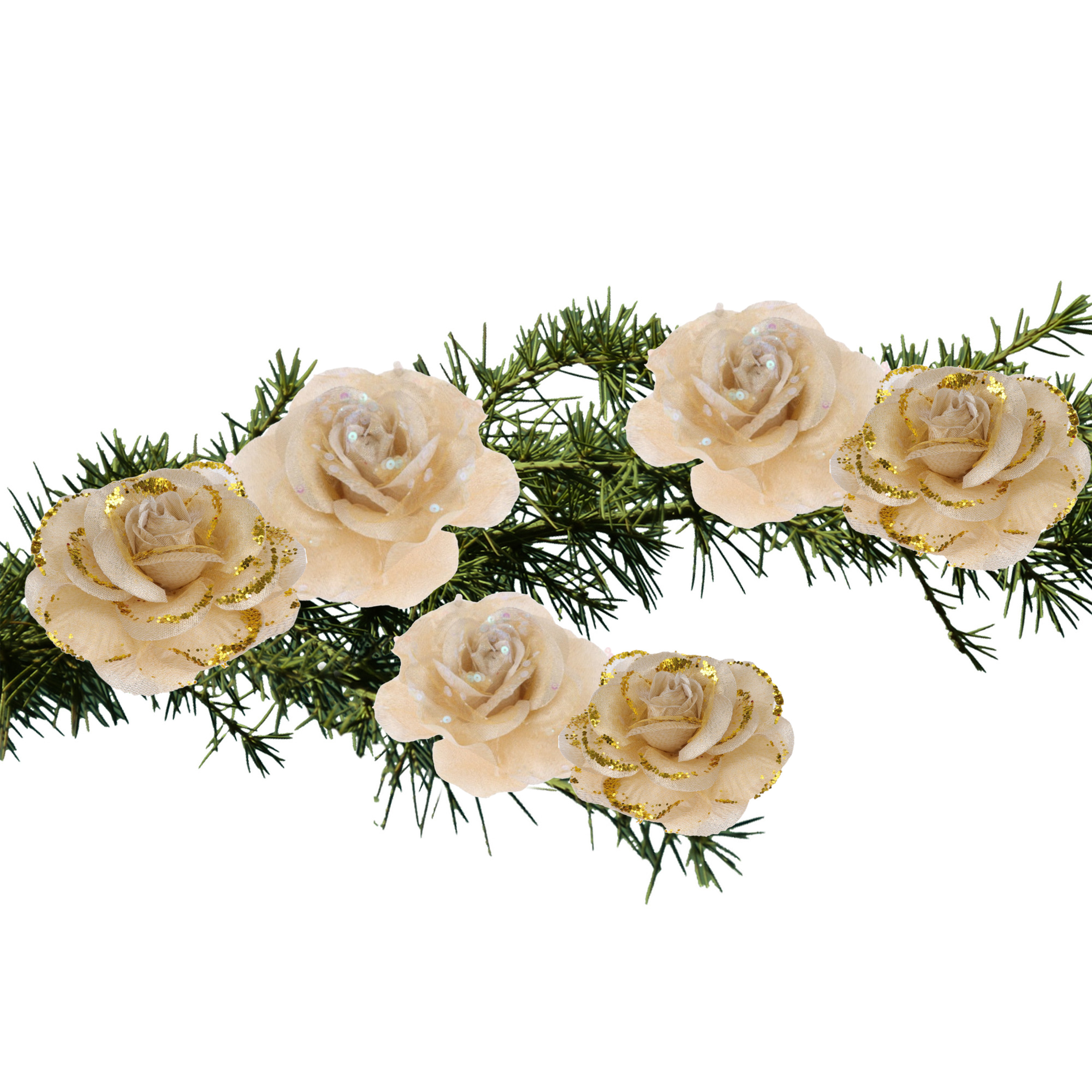 Merkloos Kerstboomversiering Bloemen - 6x stuks - 9 cm - goud glitter - op clip - ornament -