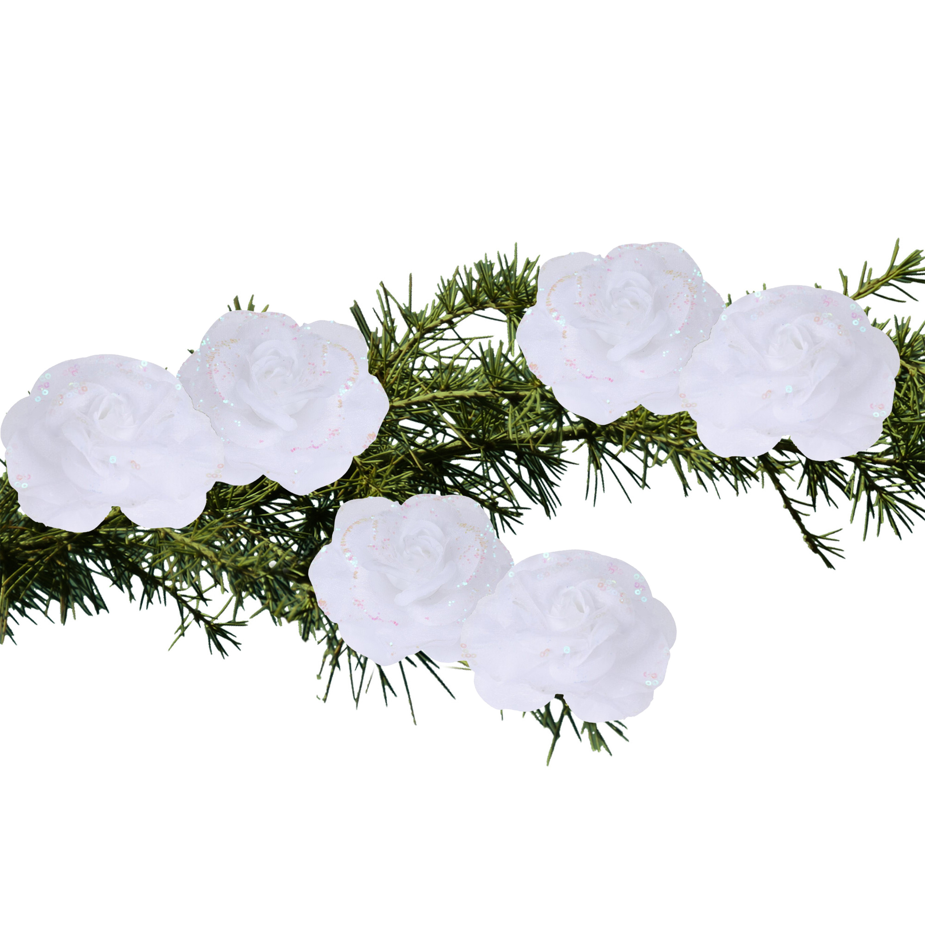 Merkloos Kerstboomversiering Bloemen - 6x stuks - 9 cm - wit glitter - op clip - ornament -