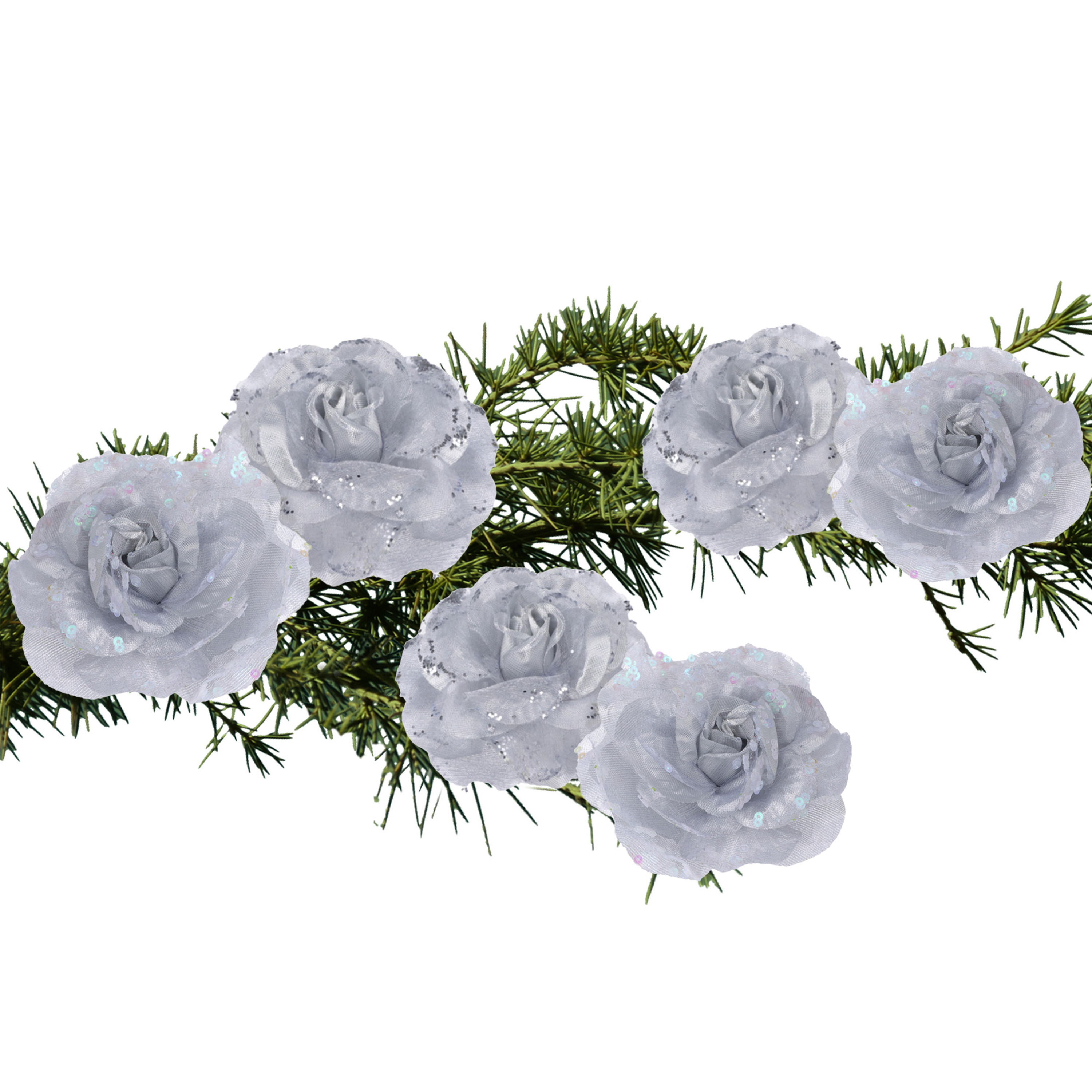 Merkloos Kerstboomversiering Bloemen - 6x stuks - 9 cm - zilver glitter - op clip - ornament -