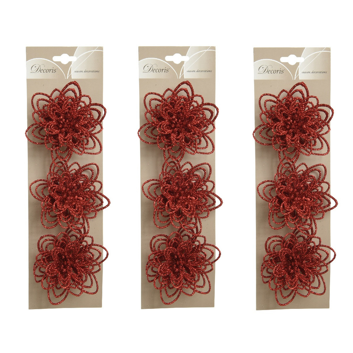 Merkloos Kerstboomversiering Bloemen - 9x stuks - 11 cm - rood glitter - op clip - ornament -