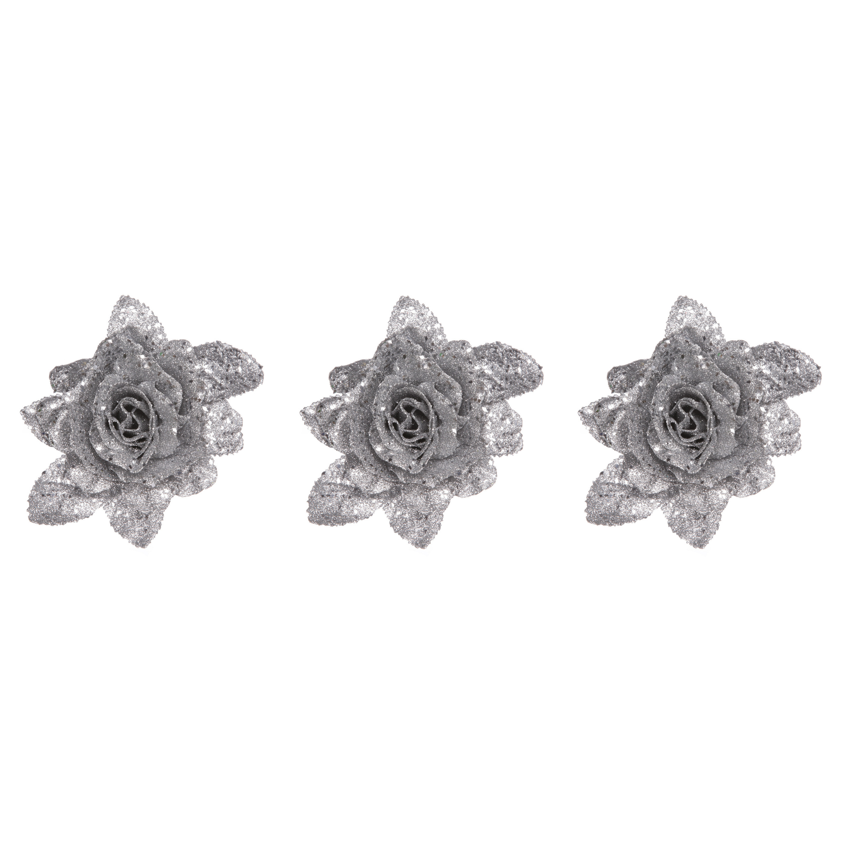 Cosy & Trendy Kerstboomversiering Bloemen - 4x - 10 cm - zilver glitter - op clip - ornament - roos -