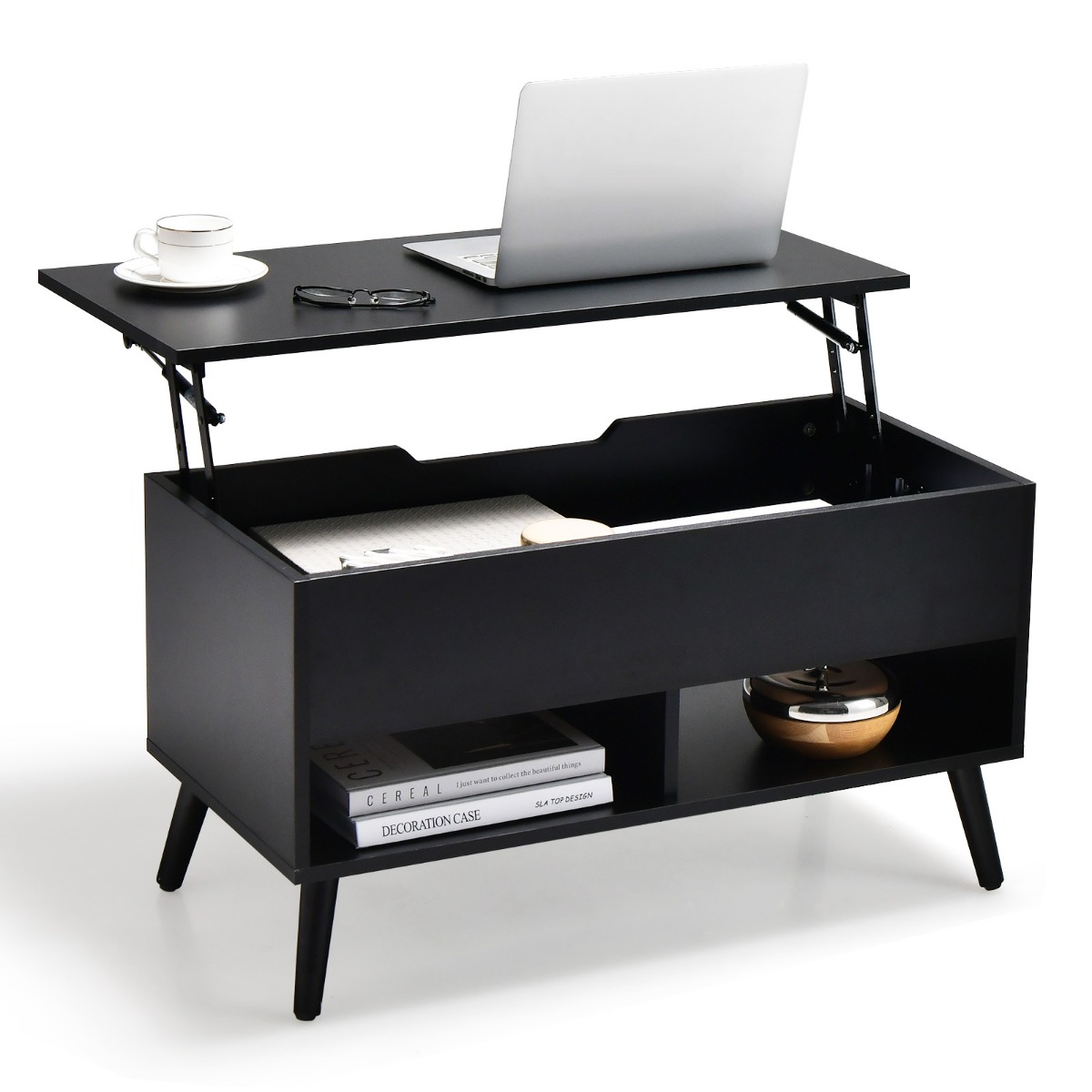 Costway Salontafel met Verhoogd Blad Moderne Woonkamertafel Koffietafel in Hoogte Verstelbaar 80 x 40 x 44,5 cm Zwart/Wit/Grijs