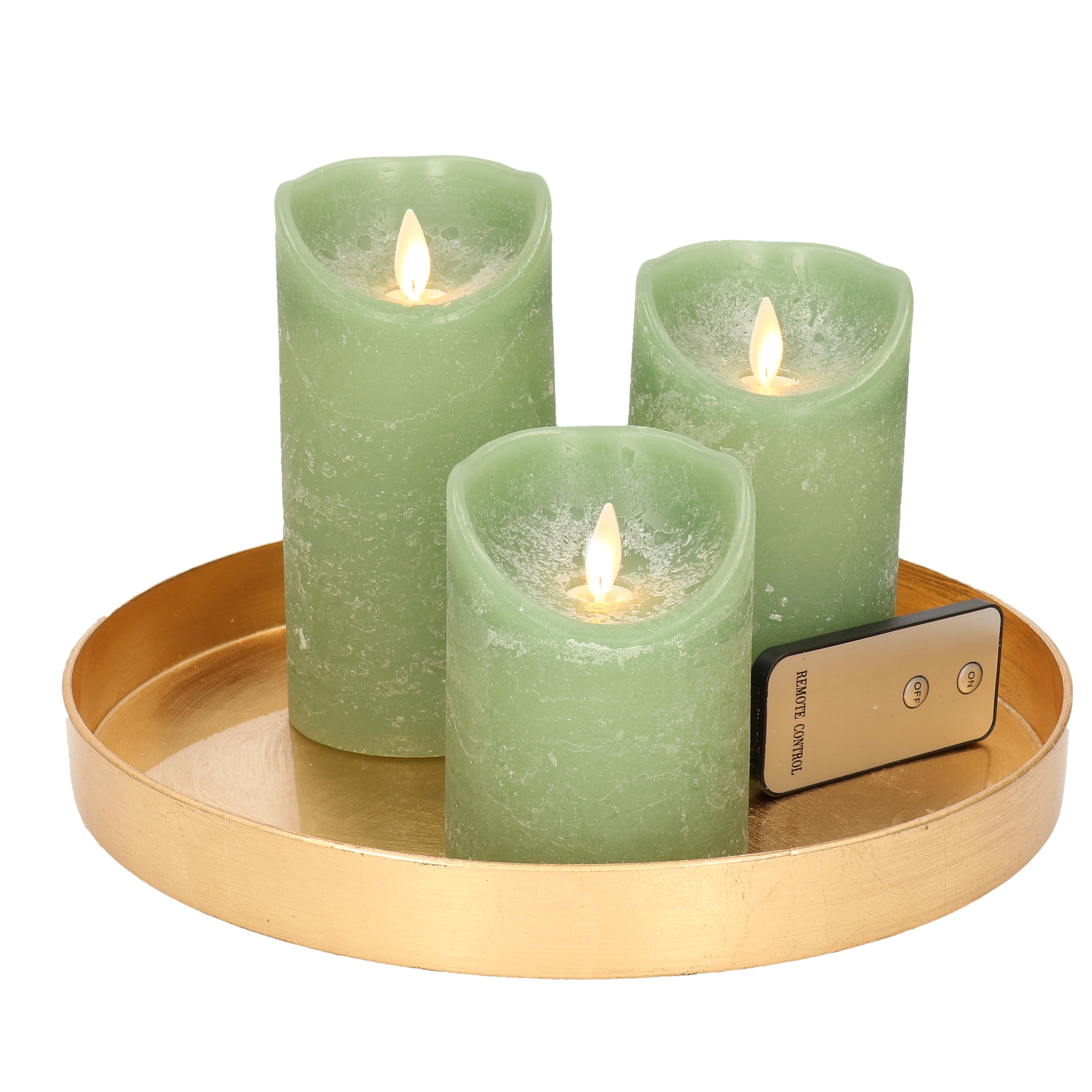 Merkloos Ronde kaarsenplateau goud van kunststof D27 cm met 3 jade groene LED-kaarsen 10/12,5/15 cm -