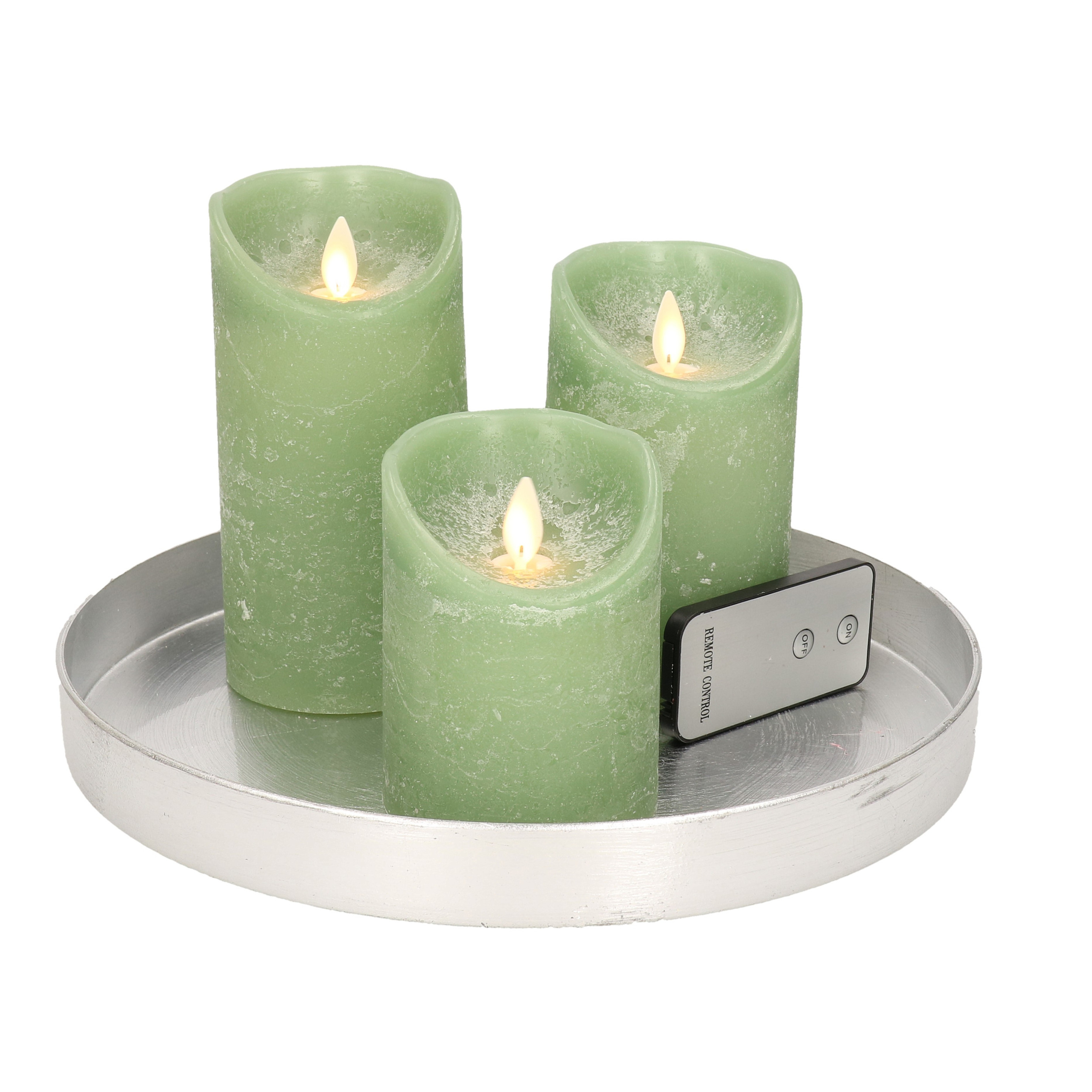 Merkloos Ronde kaarsenplateau zilver van kunststof D27 cm met 3 groene LED-kaarsen 10/12,5/15 cm -