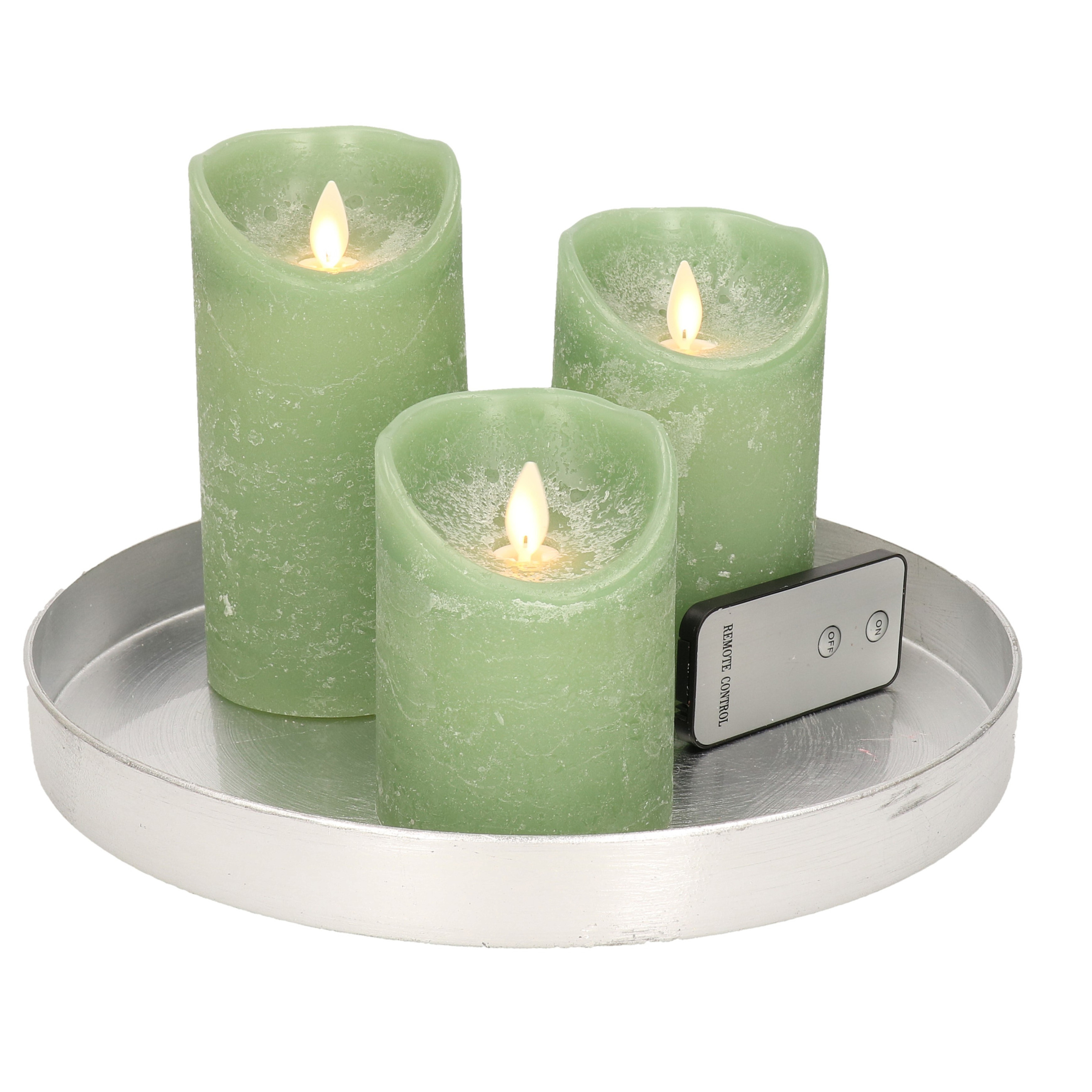 Merkloos Ronde kaarsenplateau zilver van kunststof D27 cm met 3 jade groene LED-kaarsen 10/12,5/15 cm -