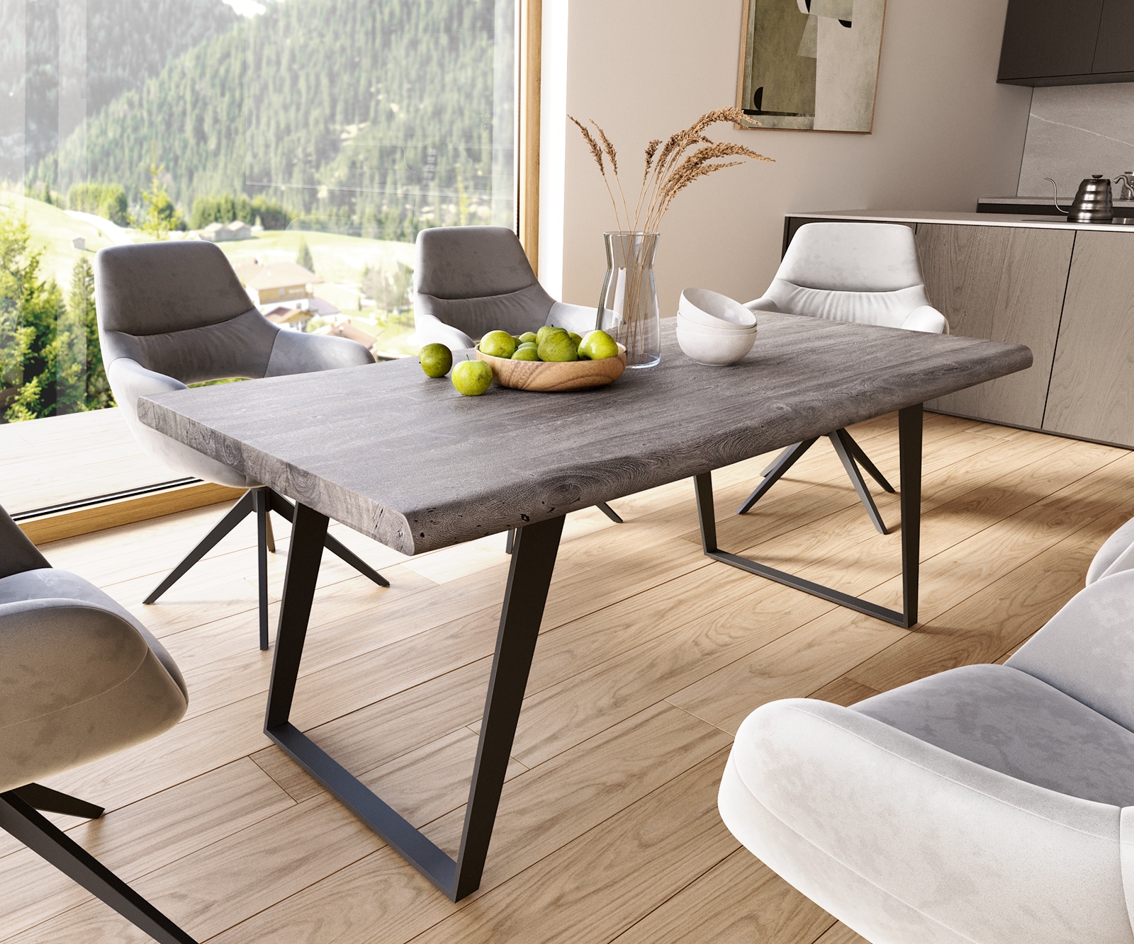 DELIFE Esstisch Edge 180x90 XL Akazie Platin Metall Schräg Schwarz Live-Edge