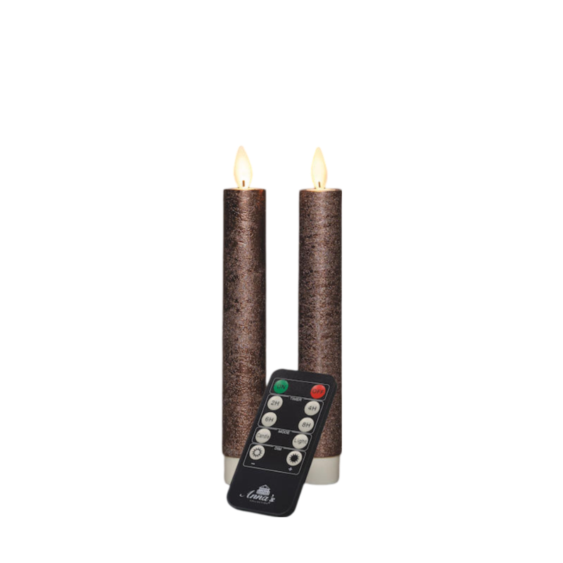 Annas collection Dinerkaars wax led bewegende vlam op batterij met afstandsbediening 2 stuks h18 cm brons - 
