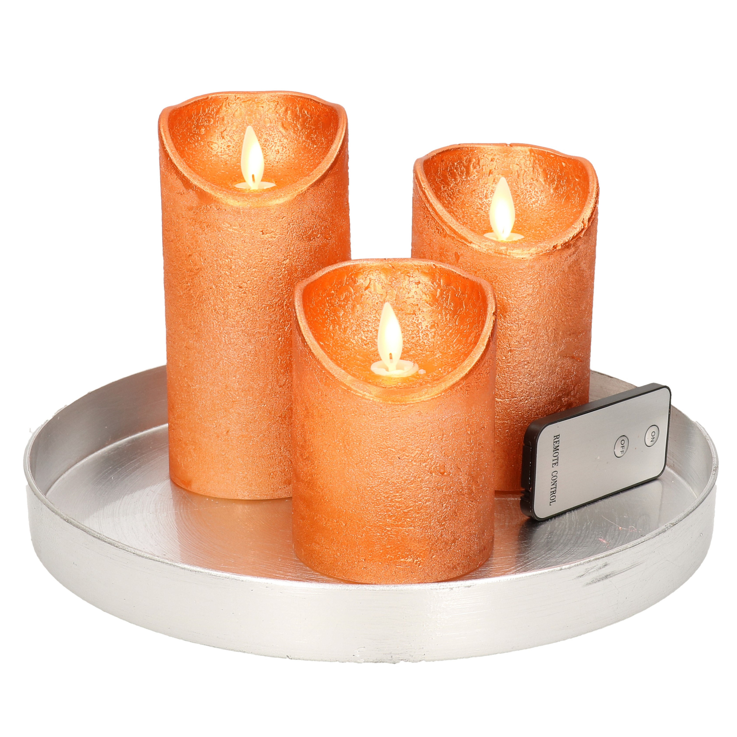 Merkloos Ronde kaarsenplateau zilver van kunststof D27 cm met 3 koperen LED-kaarsen 10/12,5/15 cm -