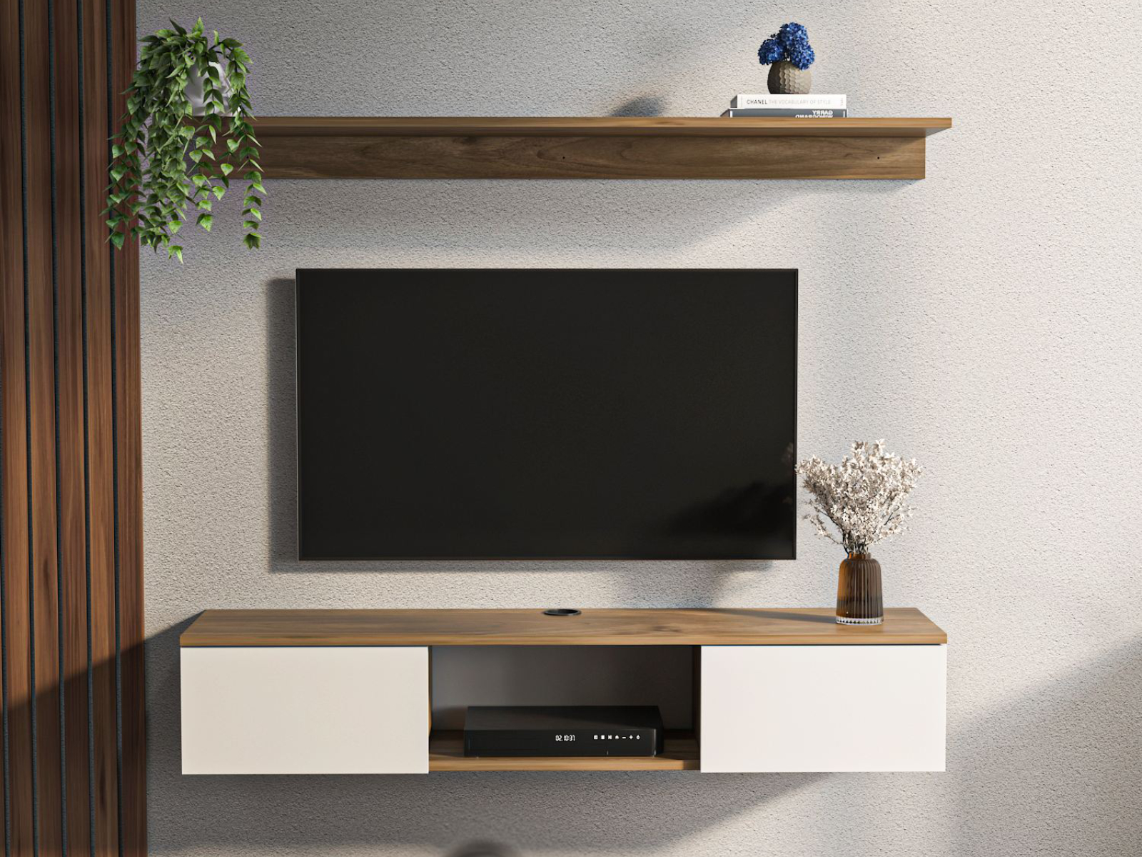 Mobistoxx Tv-meubel met wandplank ELIAME 2 deuren walnoot/wit