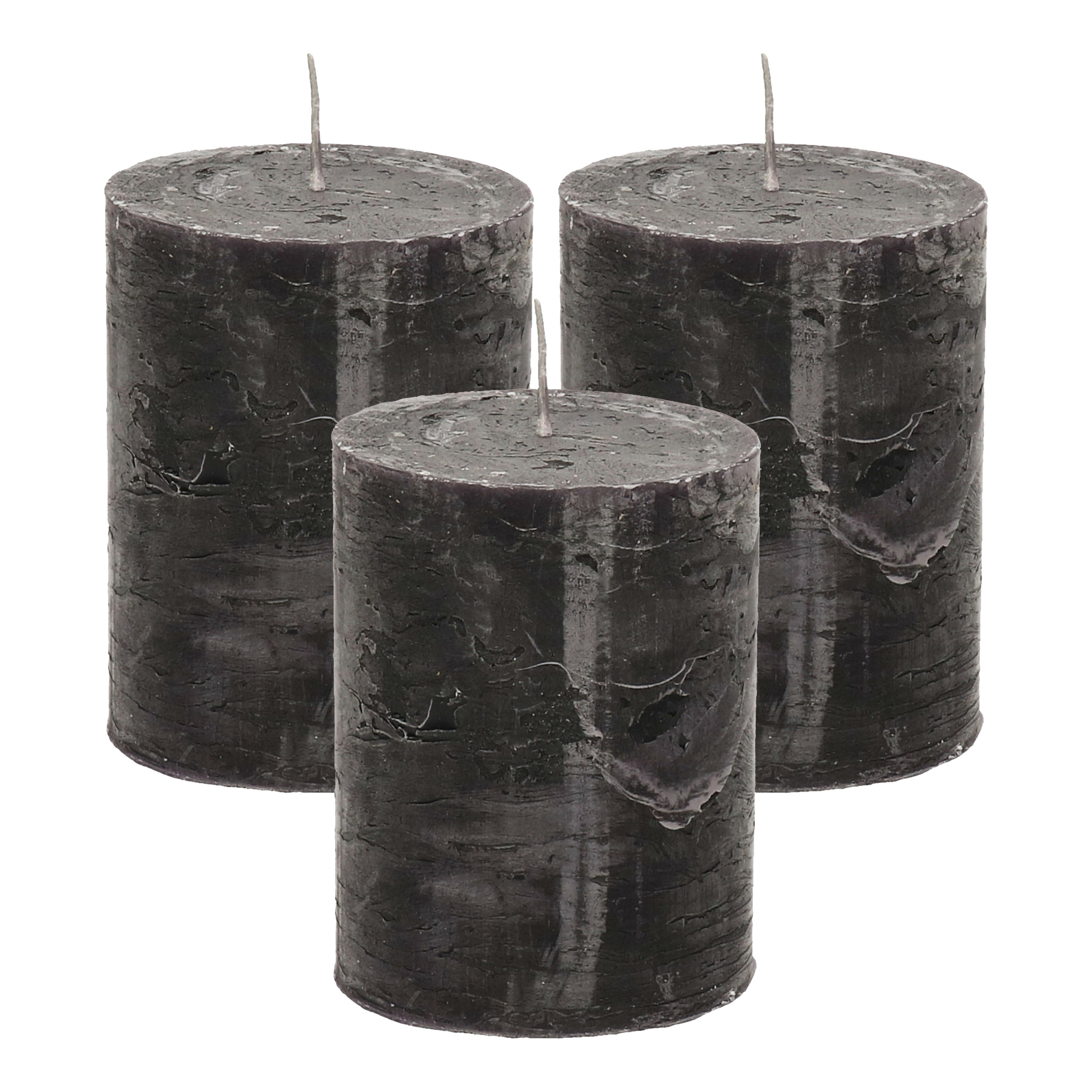 Merkloos Stompkaars - 3x - zwart - 7 x 9 cm - middel rustiek model - cilinderkaars - kaars -
